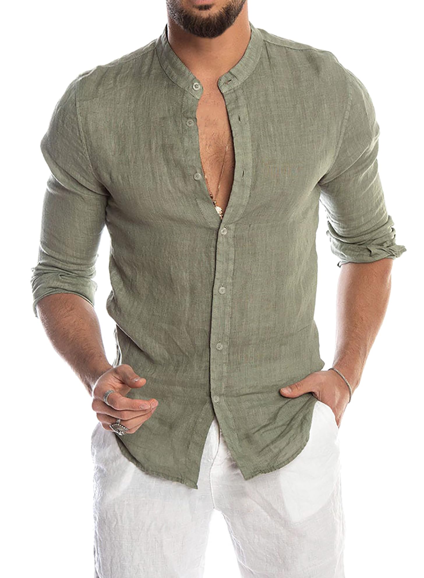 Camicia Uomo di Lino Manica Lunga Slim Fit Casual Estiva Coreana Traspirante Leggera