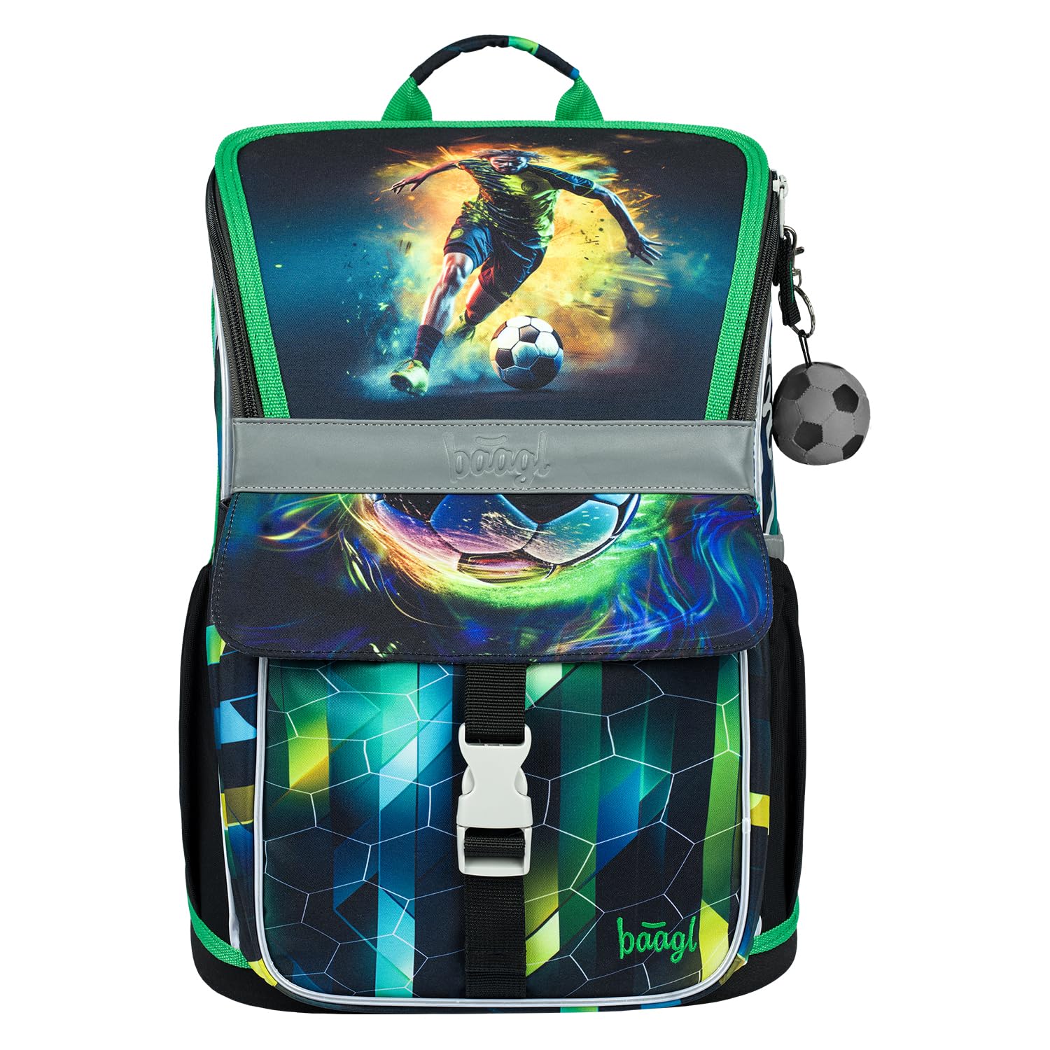 Baagl Schulranzen Jungen Set 3 Teilig, Zippy Schultasche für 1. Klasse, Grundschule Ranzen Tornister mit Brustgurt, Ergonomischer Schulrucksack (Fußballspieler)