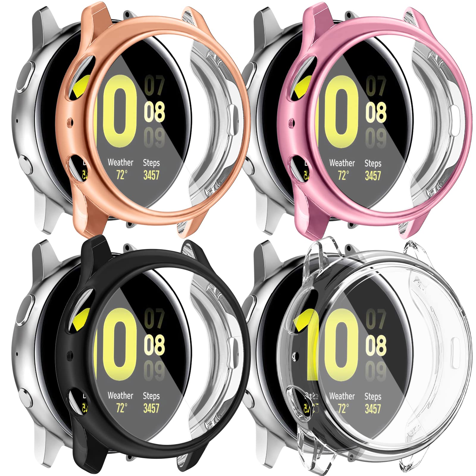 [4 Pack] Amzpas Compatible with Samsung Galaxy Watch Active 2 Screen Protector Case 44mm, Soft TPU Full Around Cover for Samsung Galaxy Active 2 Smartwatch (RoseGold, Black, RosePink, Clear, 44mm)
