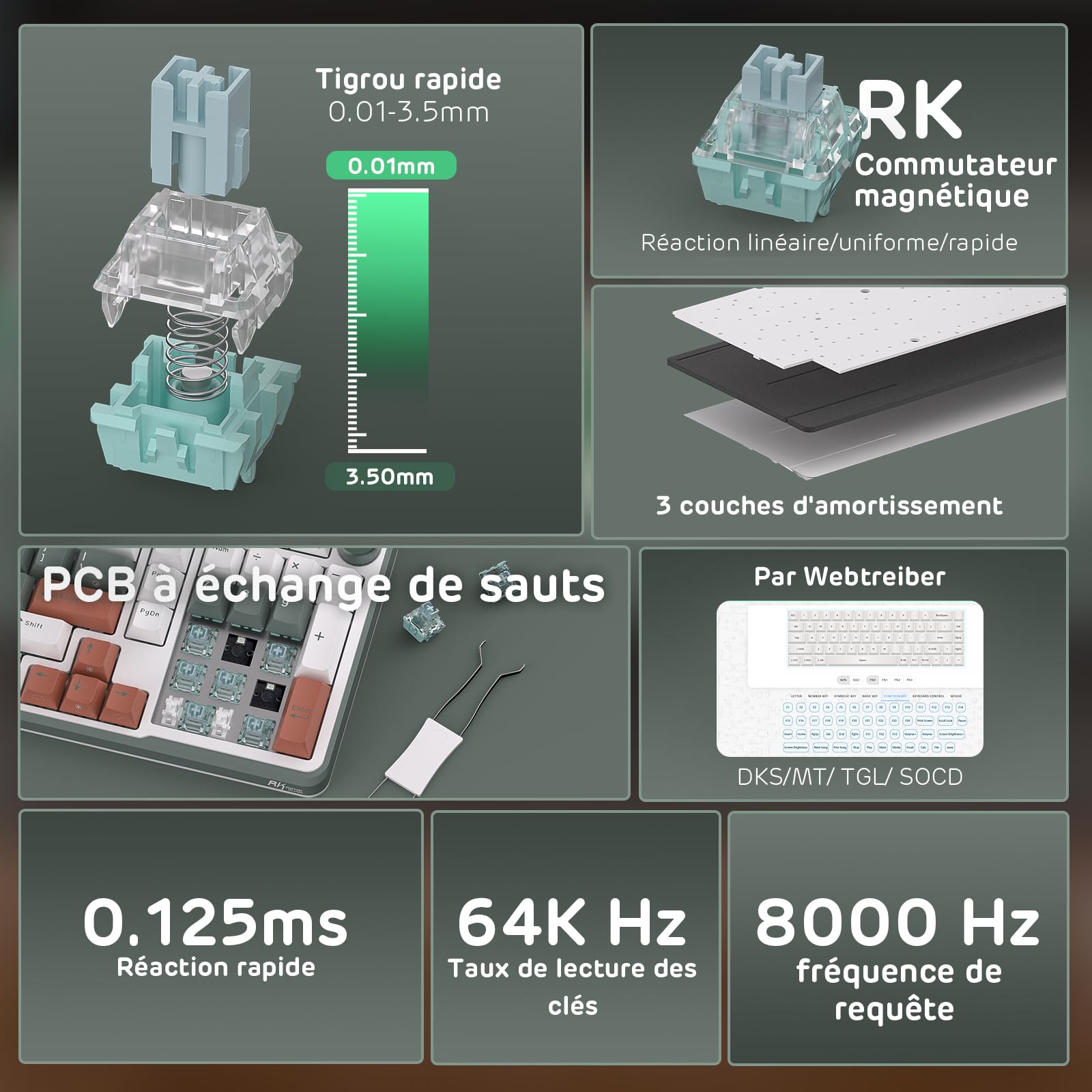 RK ROYAL KLUDGE C98 FR Clavier mécanique Jeu, commutateur magnétique Effet Hall, Filaire RGB 95%, déclenchement Rapide réglable, taux rafraîchissement 8KHz, Pilote Pro Web pour Mac&Win,French AZERTY