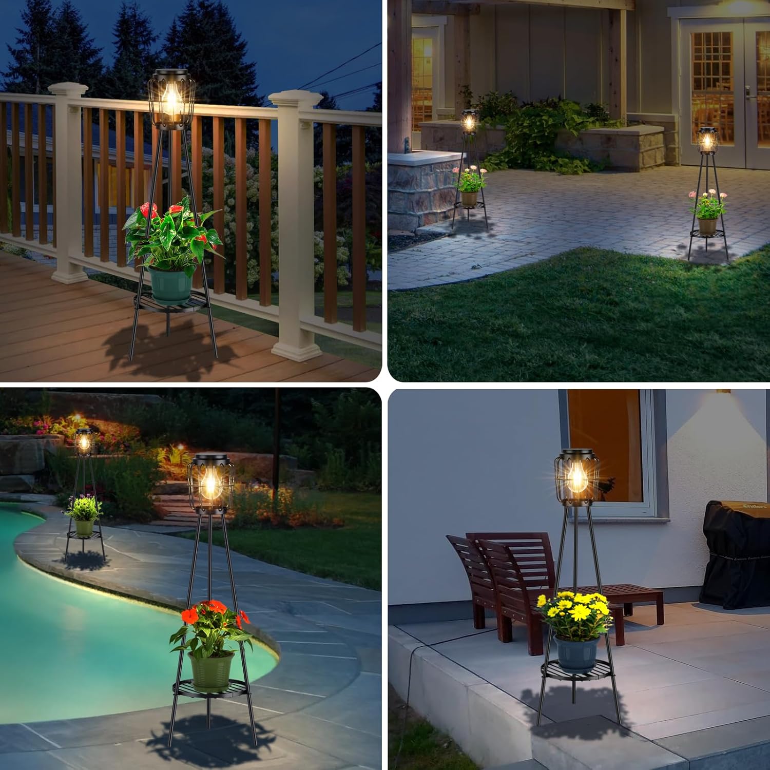 MXwcy Solar Lights Outdoor with LED Edison Bulbs, Solar Floor Lamp with Plant Stands for Garden Yard Pathway Driveway Front/Back Porch Decoration