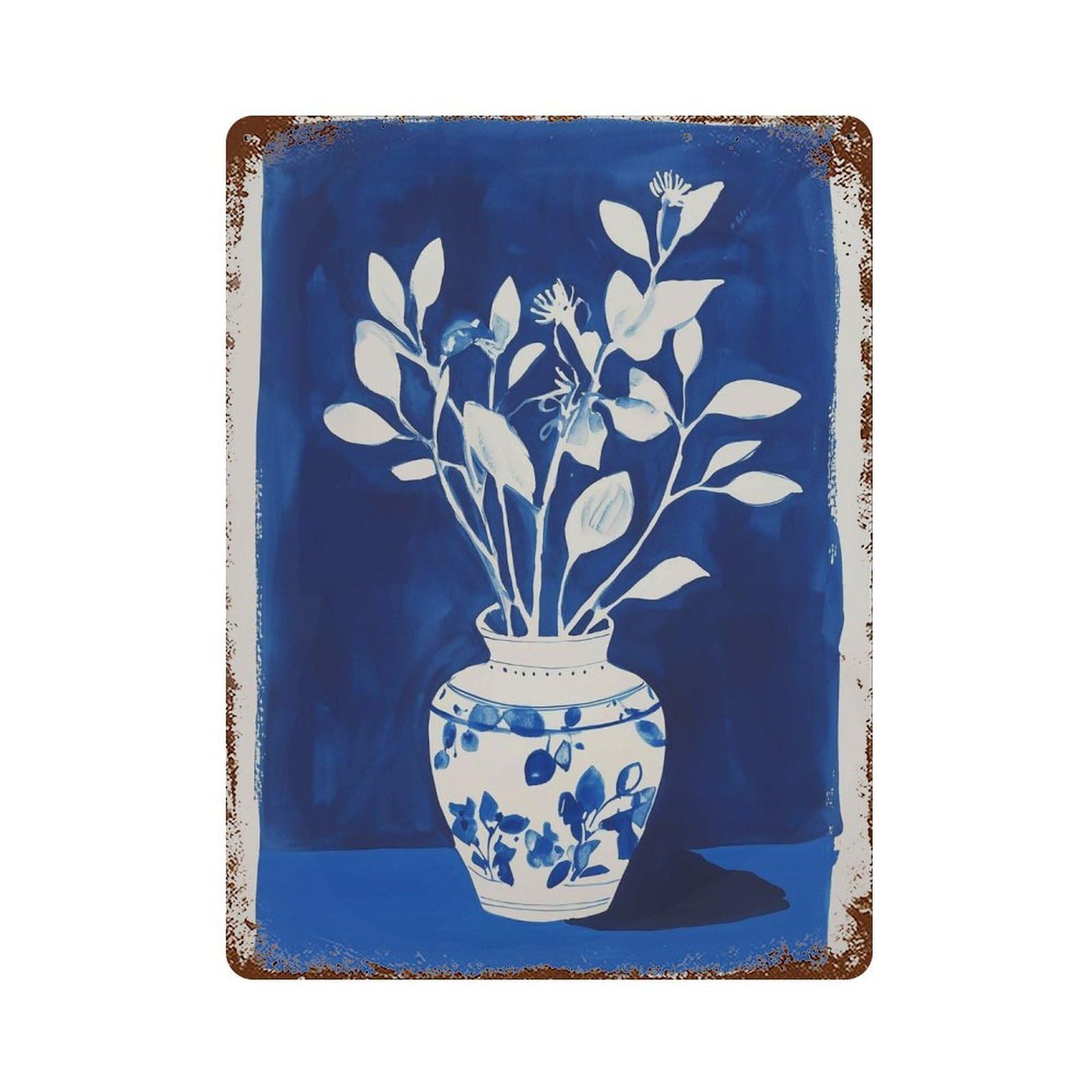 xiaoxiaoshen Blue Vase Botanical Minimal Flower Modern Indigo Wall Decor Art Metal Tin Poster Modern Home Decor Art Home Bar Shop Decorations Vintage Sign 40x30cm