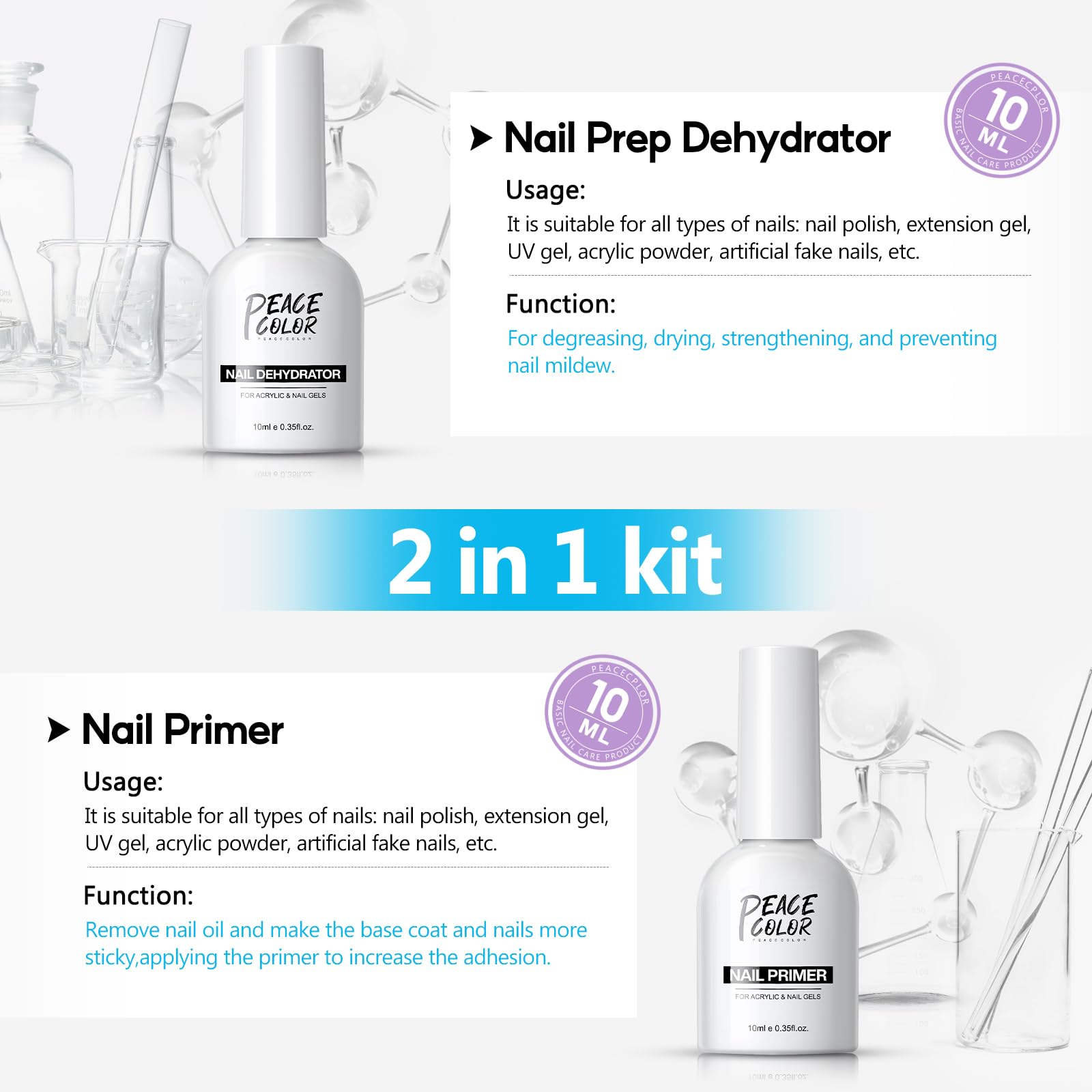 PEACECOLOR Nail Dehydrator and Primer Set,2PCS 10ML Professional Fast Air Dry Nail Prep Dehydrate & Nail Bond Primer Set - Image 2