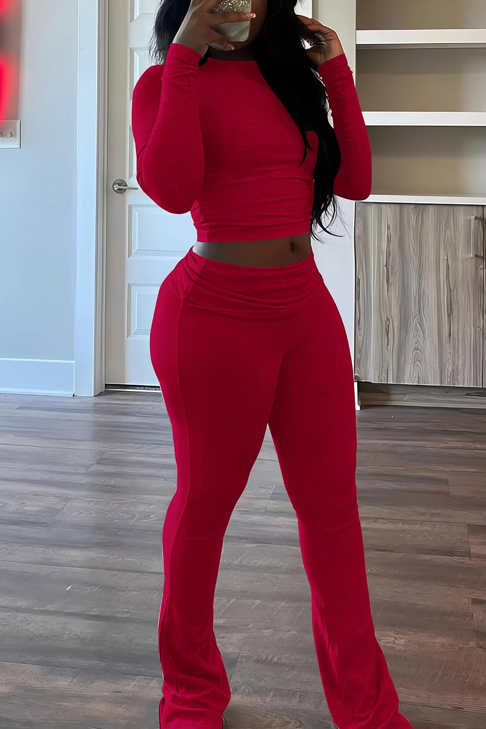 CLOCOR Womens 2 Piece Outfits Sweatsuits - Tracksuit Set Long Sleeve Crop Top & Drawstring Wide Leg Pants with Pockets - Image 6