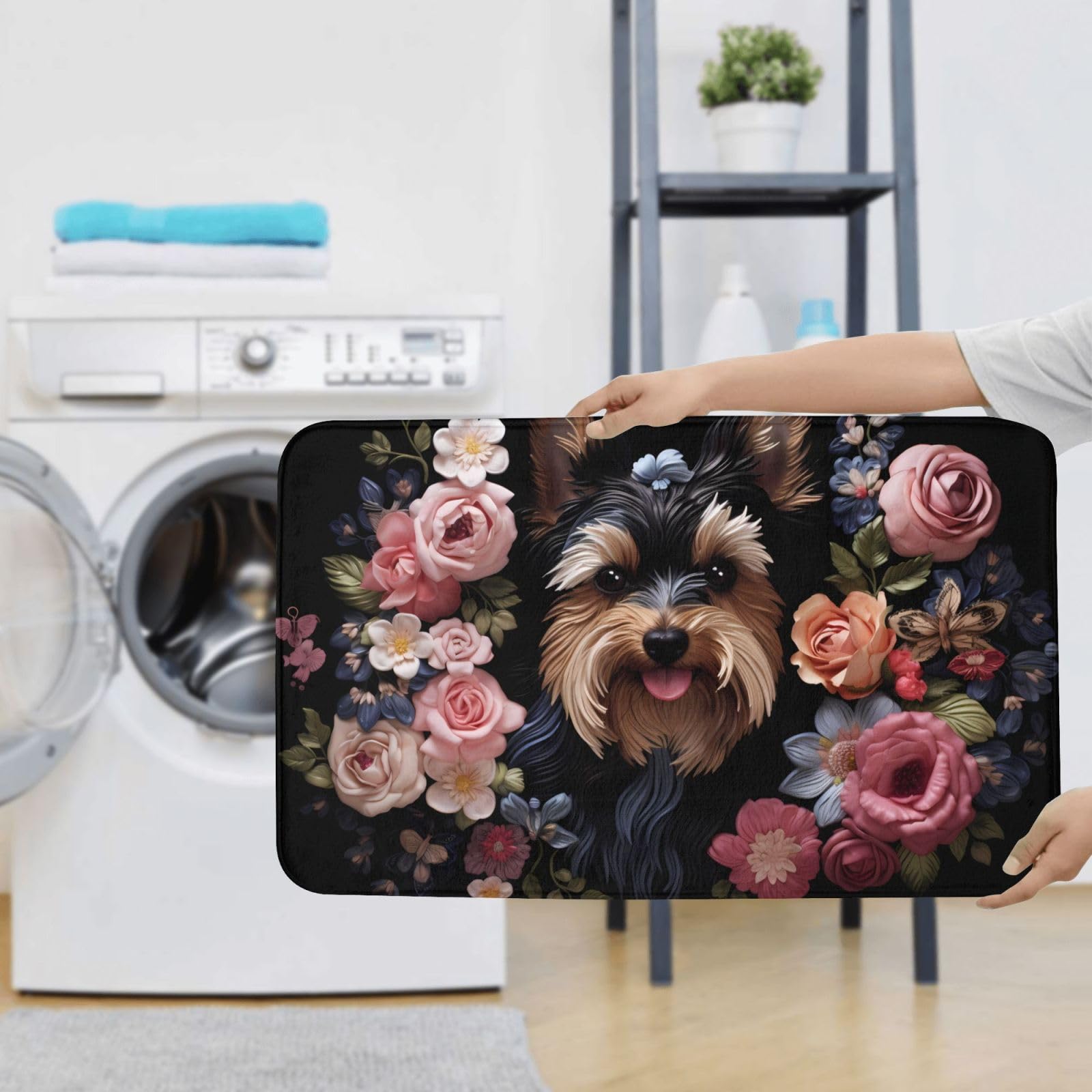 Set di 3 tappetini da bagno con motivo floreale Yorkie Dog Floreale in flanella morbida antiscivolo set con coperchio per la decorazione della casa