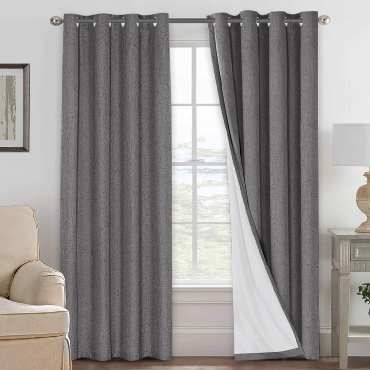 H.VERSAILTEX Linen Curtains 100% Blackout Curtains for Bedroom 102 inch Long Full Light Blocking Nature Linen Blended Window Curtains for Living Room Nickel Grommet (2 Panels, Grey)