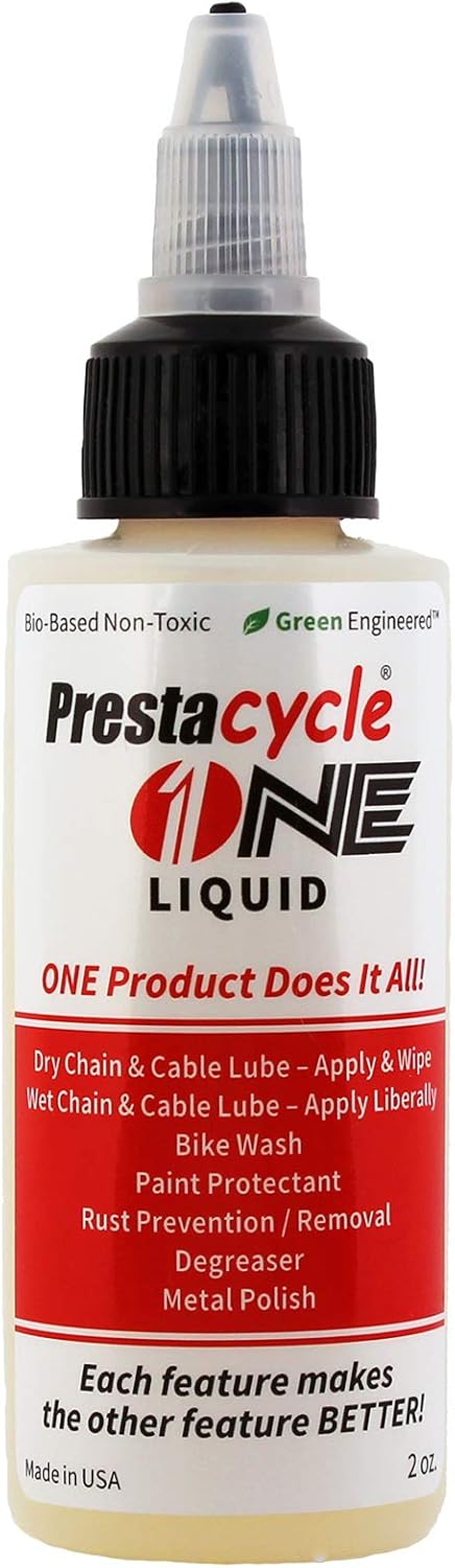 Prestacycle One Liquid, Bike Chain Lubricant and Cleaner, All-in-One Bicycle Lube, Degreaser, Paint Protectant, Metal Polish & Rust Remover, Without Alcohol or Petroleum