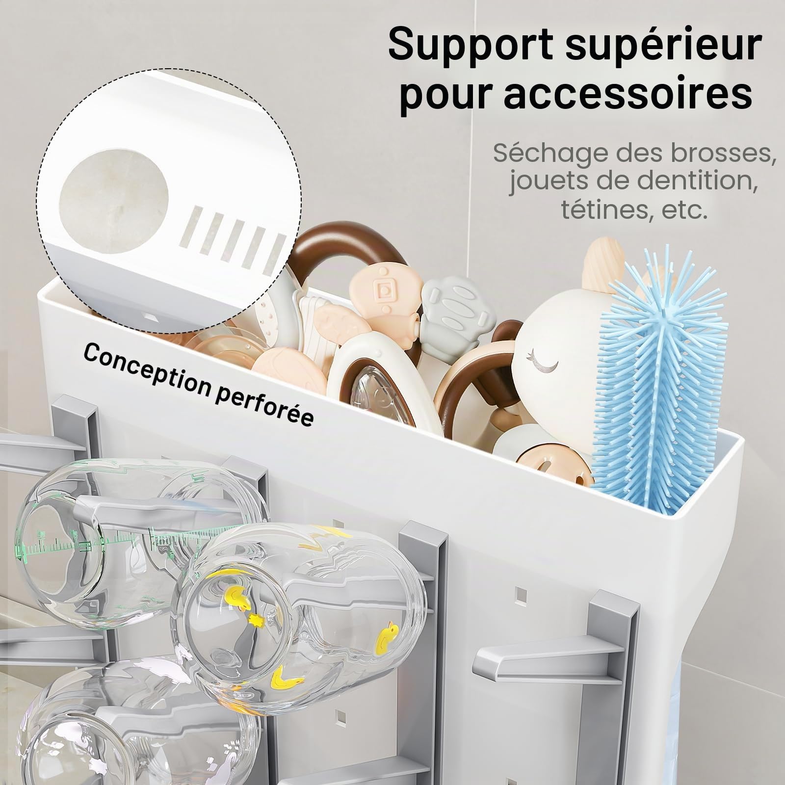 GoMaihe Égouttoi Biberon Bebe: Seche Biberon Bebe Vertical Peu Encombrant – Support Accessoires pour Bébé Idéal pour Ranger Brosses et Tétines – sans BPA (Gris)