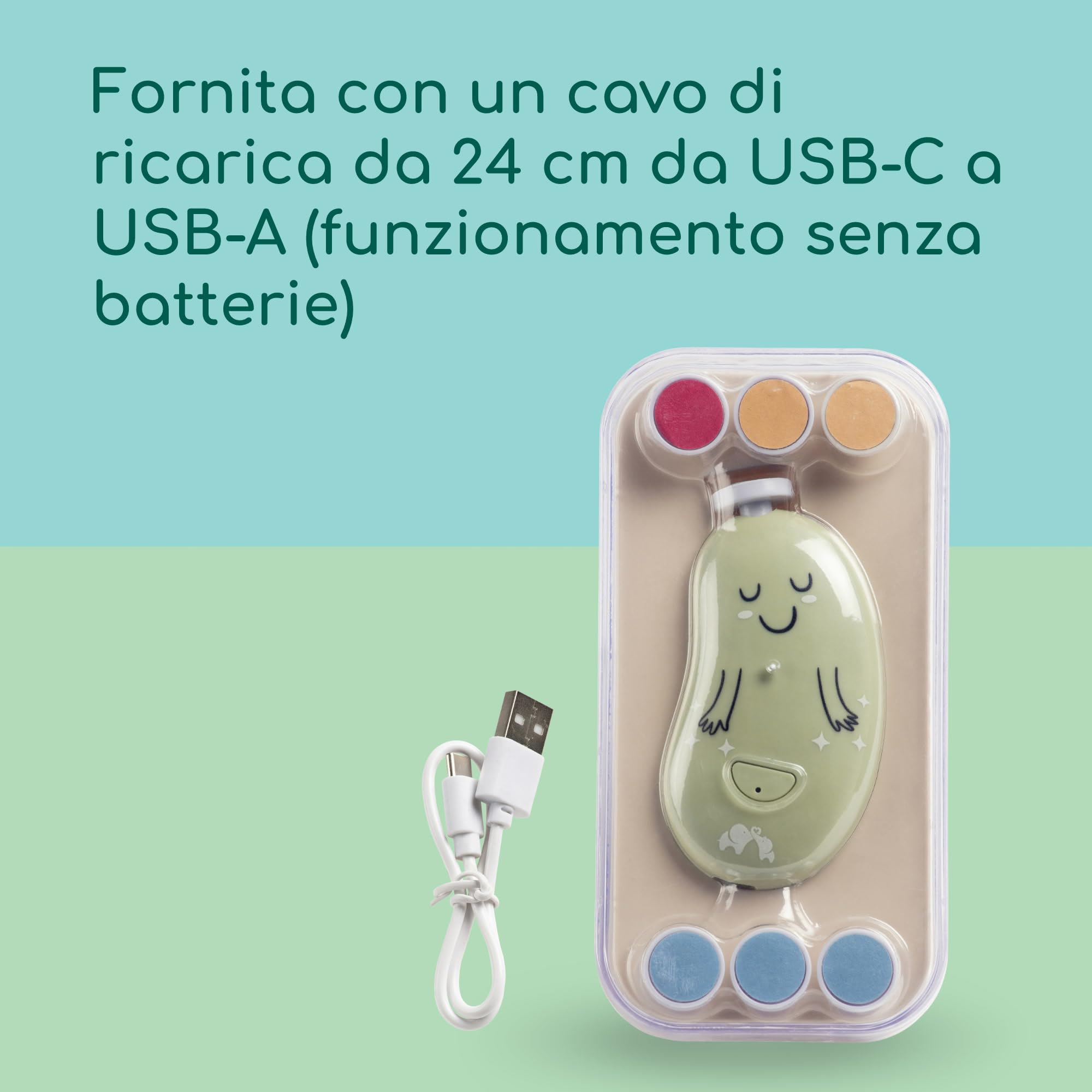 Bebeconfort Lima Elettrica per Unghie Neonato, Dalla Nascita, Neonati e Bimbi Piccoli, 7 Lime per Unghie di Varie Texture, Ricarica USB-C, 3 Velocità, Luce a LED Incorporata, Custodia Inclusa, Verde