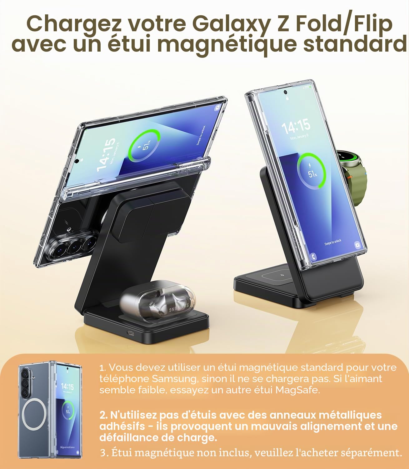 Chargeur sans fil magnétique pliable 3 en 1 pour Samsung, station de charge rapide Mag-Safe pour Galaxy S26 S25 S24 S23 Ultra Plus/Z Fold/Flip 8/7/6, Galaxy Watch Ultra/8/7/6/5/Pro, Galaxy Buds/Pro