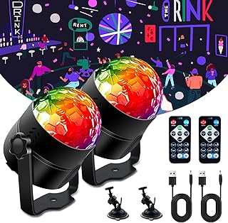 Luxvista Disco Lights, 7 Colour Lighting Music-Sensing Party Lights, 360°Rotation Disco Ball Lights with 3 Modes, USB Powered with Remote Control for Party, Christmas Light, Home Disco, Club (2 Pack)