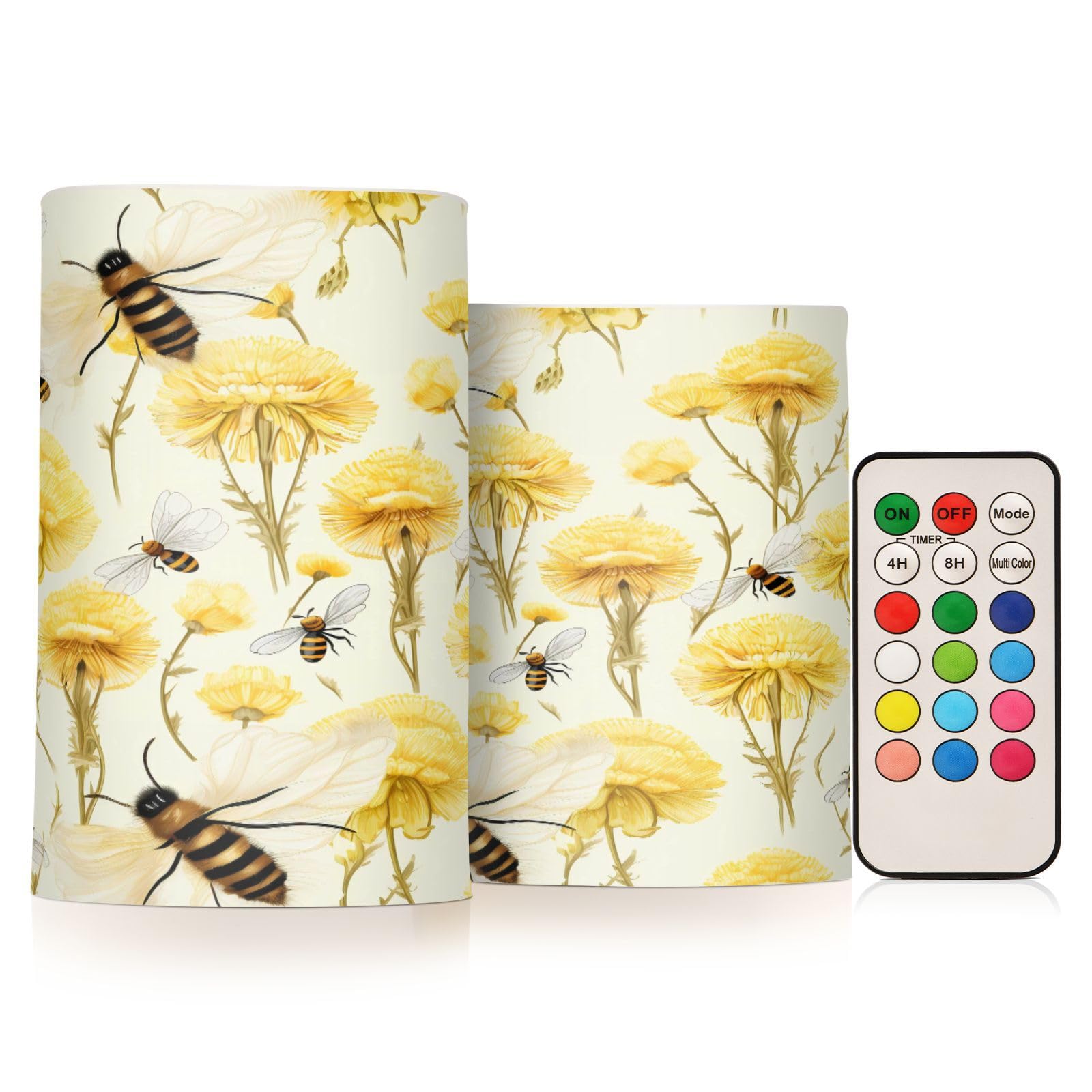ALAZA Yellow Flowers Bees Flickering Flameless Candles Battery Operated with Remote Timer,Tea Light Candles LED Pillar Votive Candles Set of 2 for Outdoor Indoor Decorations