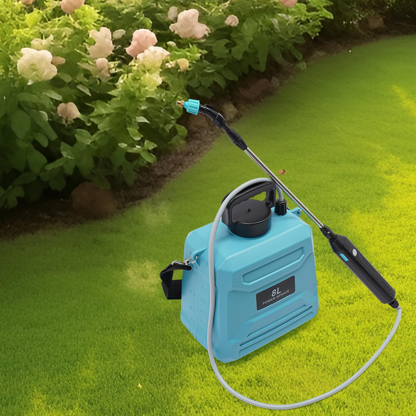Pulverizador a presión de 8 l, pulverizador eléctrico para plantas con 3 boquillas ajustables, varilla telescópica de 60 cm, pulverizador a presión, pulverizador de jardín, jeringa para malas hierbas