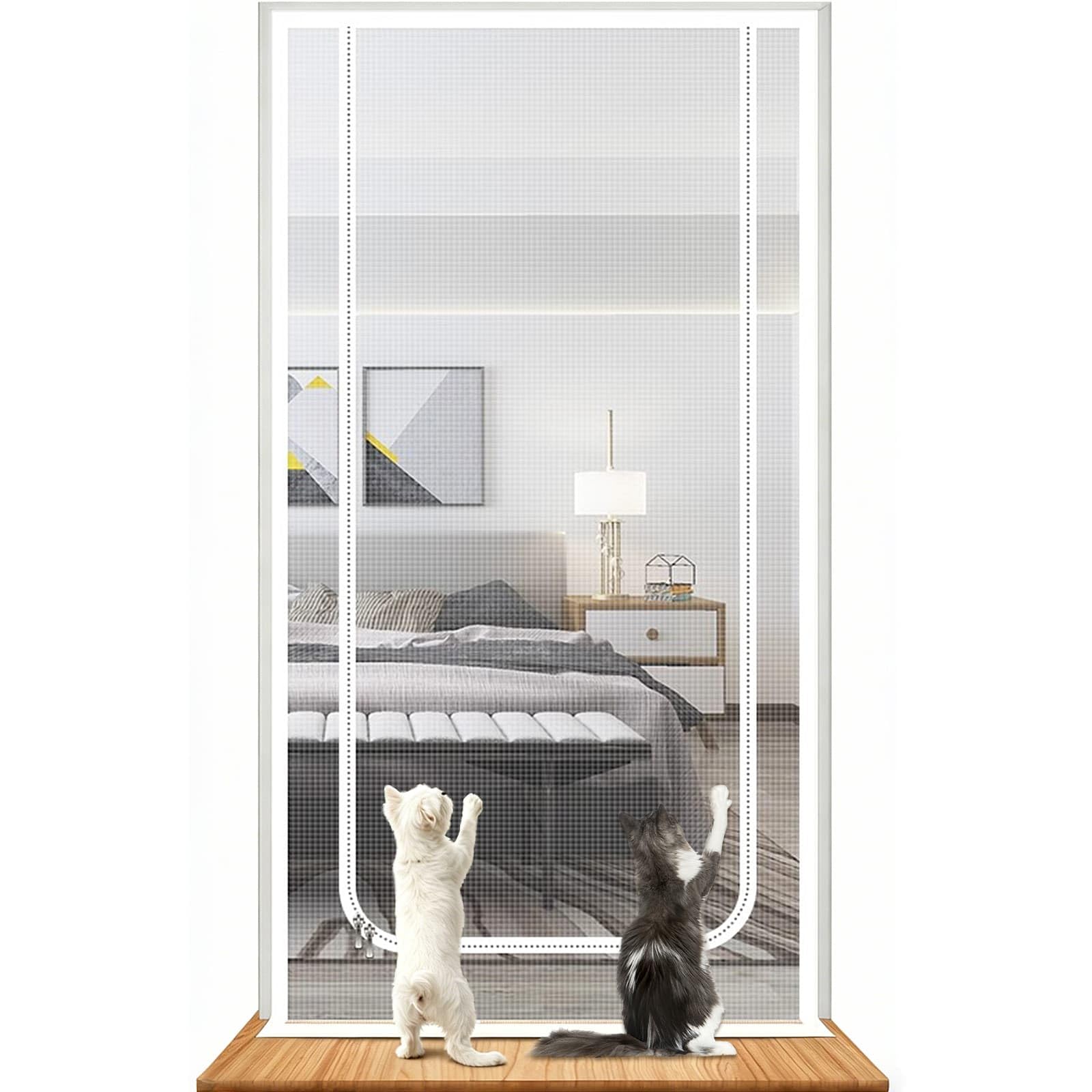 Cat Screen Door with Bilateral Zippers, 80x200cm Pet Fly Screen for Isolating Pets, Anti-Mosquito Screen Door Preventing Cats and Dogs from Going Out (White)