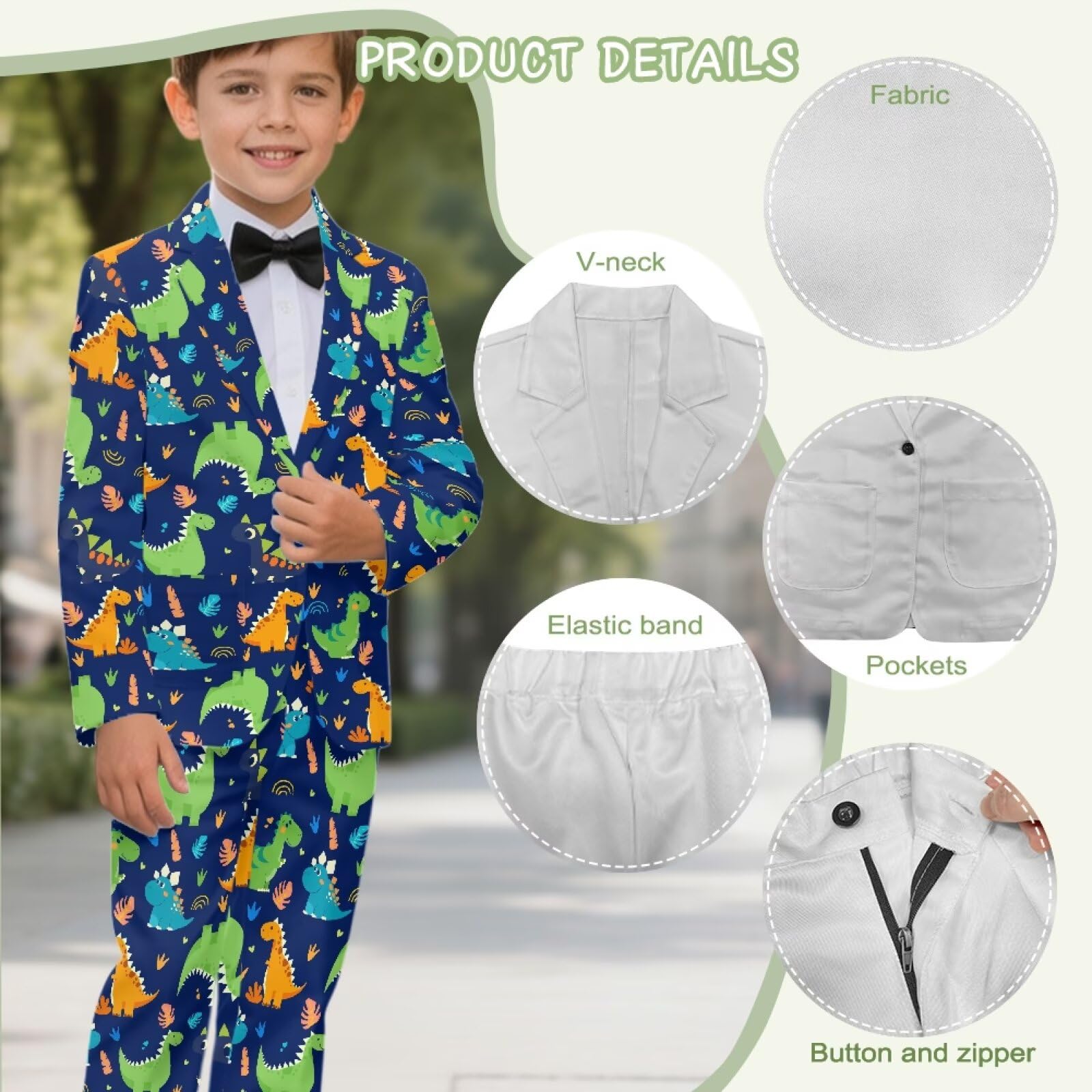Biyejit 2-teiliges Jungenanzug-Set mit einem Knopf, Blazer und Hose, formelle Smokingjacke für Hochzeit, Party, Outfit, 5–14 Jahre, Dinosaurier, 7-8 Jahre