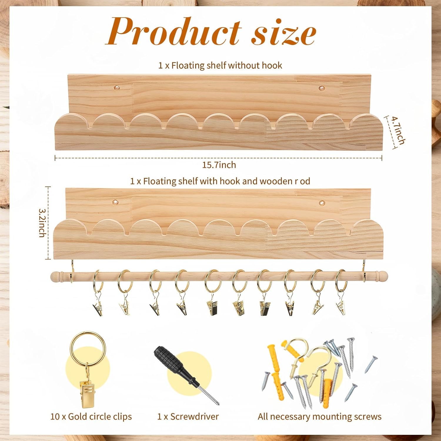 Qunclay 2 Pcs Nursery Floating Shelves Headband and Bow Holder with Rod Wall Mounted Wood Shelves Nursery Decor for Wall Home Organization Kitchen Living Room Bathroom Storage Decor