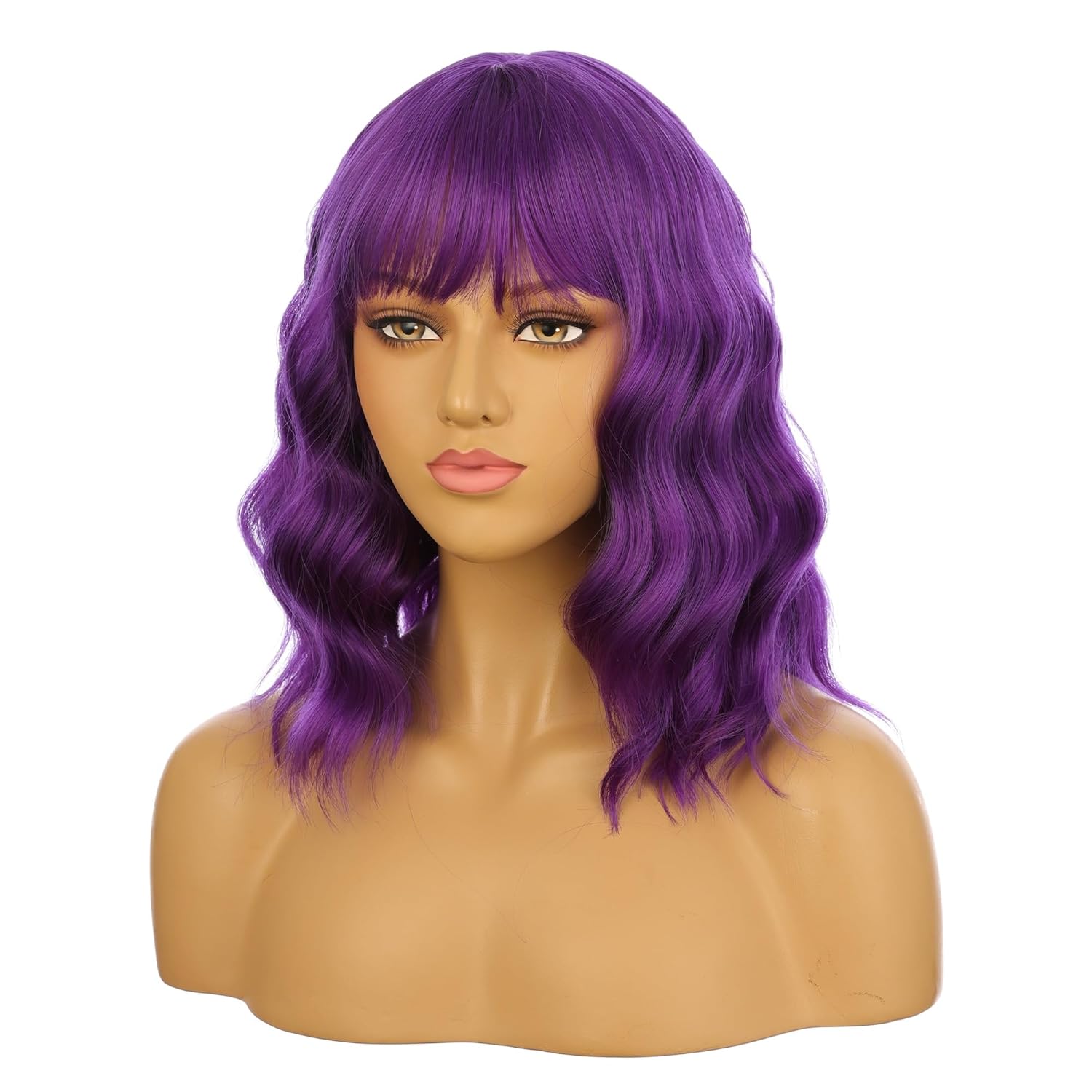 eNilecor Dark Purple Wig for Women,Short Wavy Curly Bob Hair Wig with Bangs,14" Natural Synthetic Party Costume Cosplay Halloween Colred colorful Color Fun Neon Funny Wigs For Women
