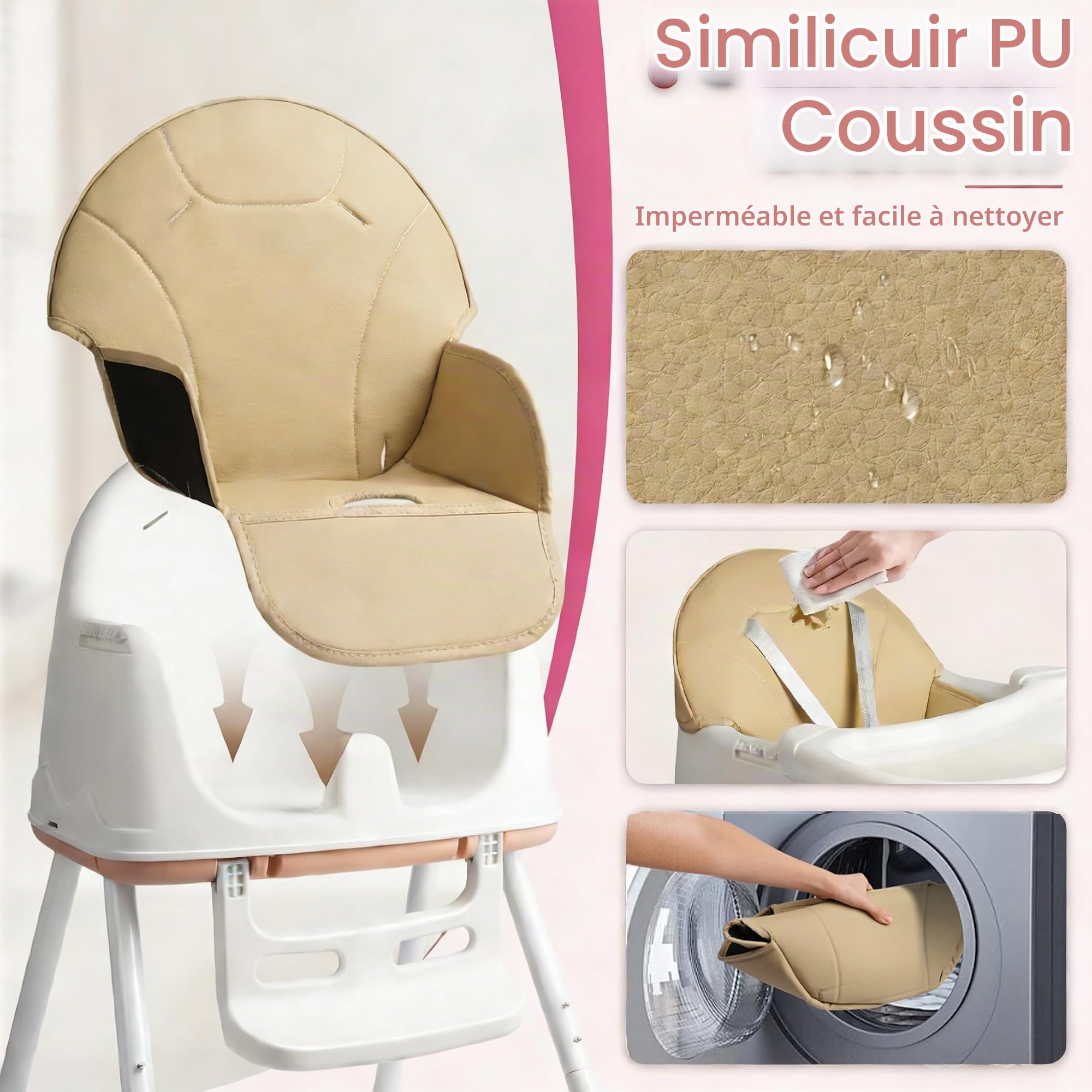 Chaise Haute Bébé 4-en-1, Chaise Haute Bébé Réglable et Convertible avec Ceinture de Sécurité, Plateau, Facile à Nettoyer, Siège Bébé de 6 Mois à 6 Ans (Beige)