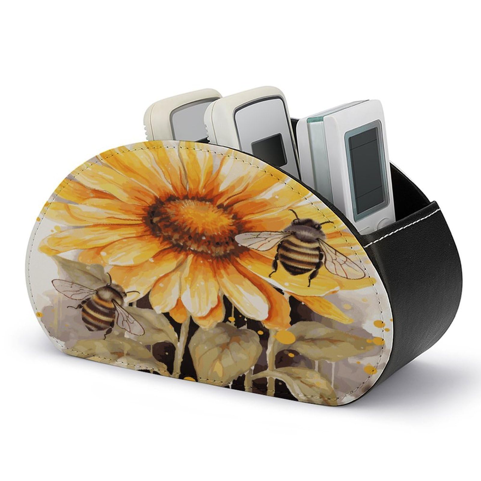 FekiLoot - Bee Sunflowers Remote Control Holder with 5 Compartments Remote Organizer Table TV Storage Box/Tray for Media Controllers and Supplies