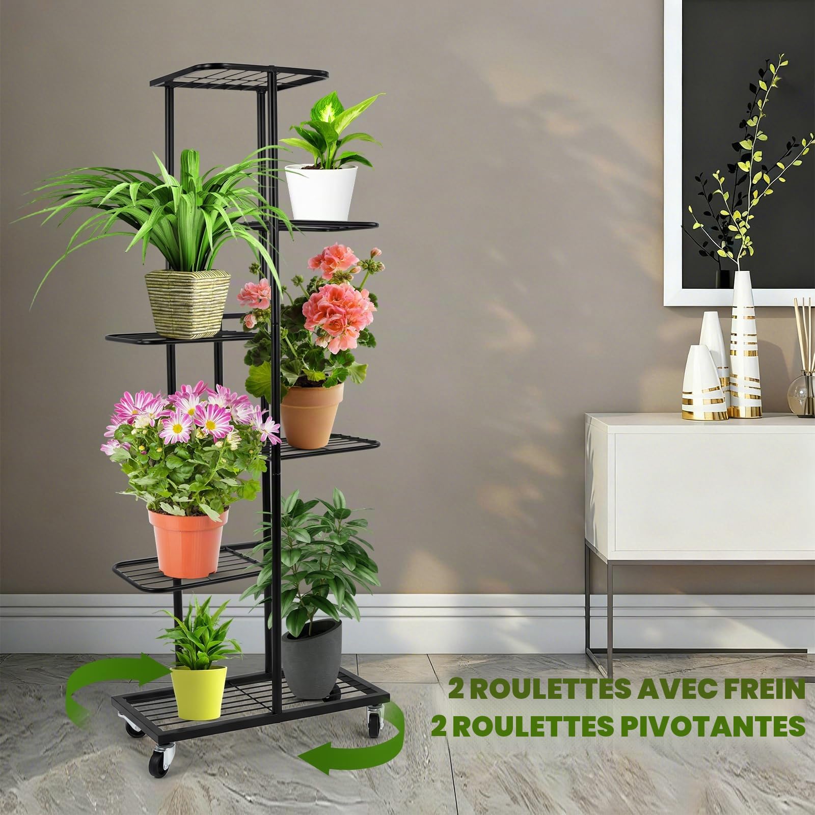 Support pour Plantes 6 Étagères, Étagère en Métal avec Roues, 108 cm de Hauteur, pour Intérieur et Extérieur, Noir
