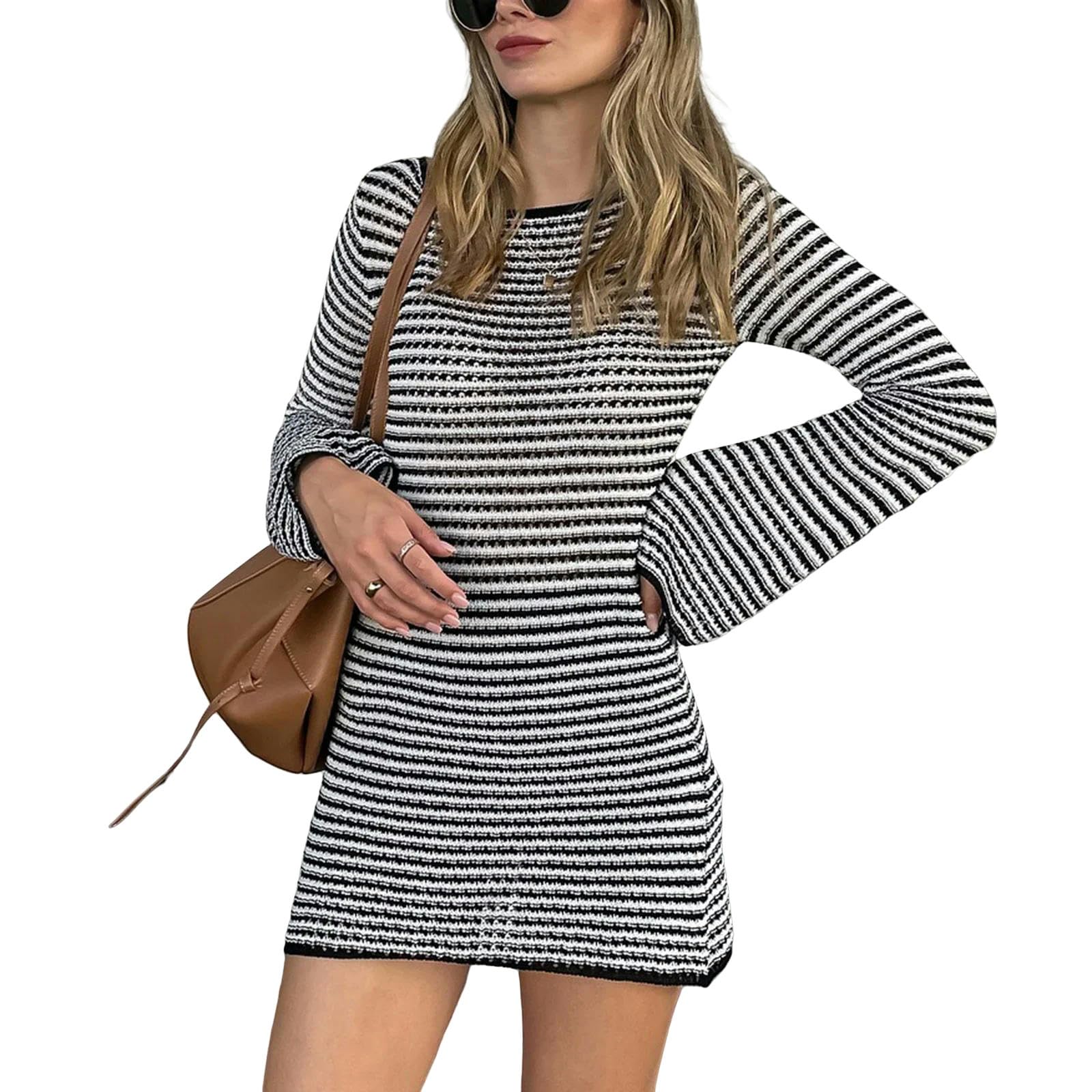 Vestiti a Maniche Lunghe Mini Abito da Donna Righe Donna, Inverno Autunnale, Contrasto Bodycon Ad Alta Vita, Sexy per La Festa della Spiaggia Casual-Nero-m