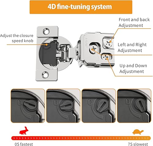 Miniatura 52 de Chibery 10 Pack 1-3/8" Overlay 4D Soft Close Concealed Hinges for Face Frame Door, Adjustable Closing Speed, Smooth Slow Self Close Hinges, Satin