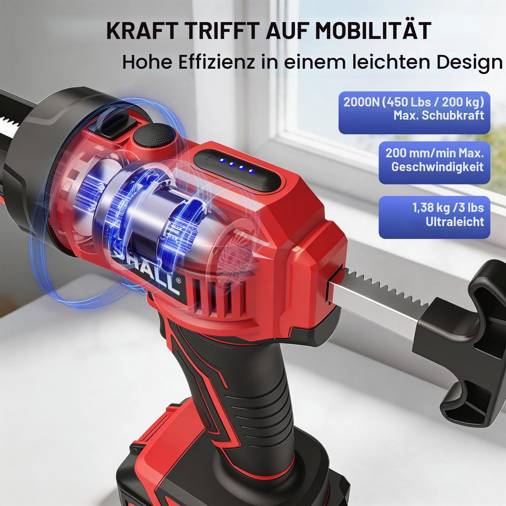 SHALL Elektrische Kartuschenpistole, 21 V, LED-Licht, 4 einstellbare Geschwindigkeiten, Anti-Tropf-Design, passend für 300-ml-Kartuschen zum Abdichten und Befüllen