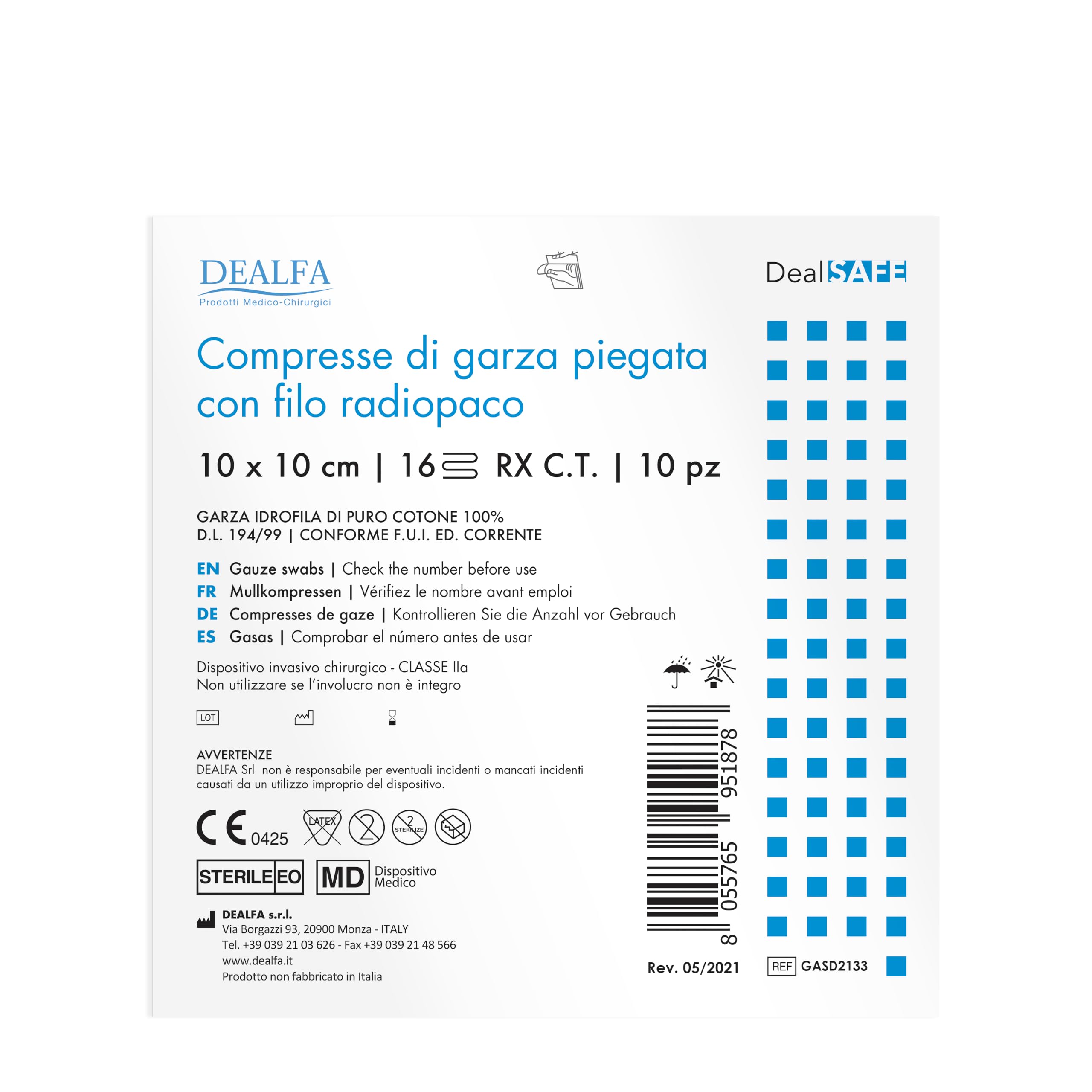 DEALFA Comprimidos de gasa plegados estériles con hilo radiopaco – 10 x 10 cm – 16 capas – 100% puro algodón – Desechables – Doble sobre individual de 10 unidades – Paquete de 25 sobres