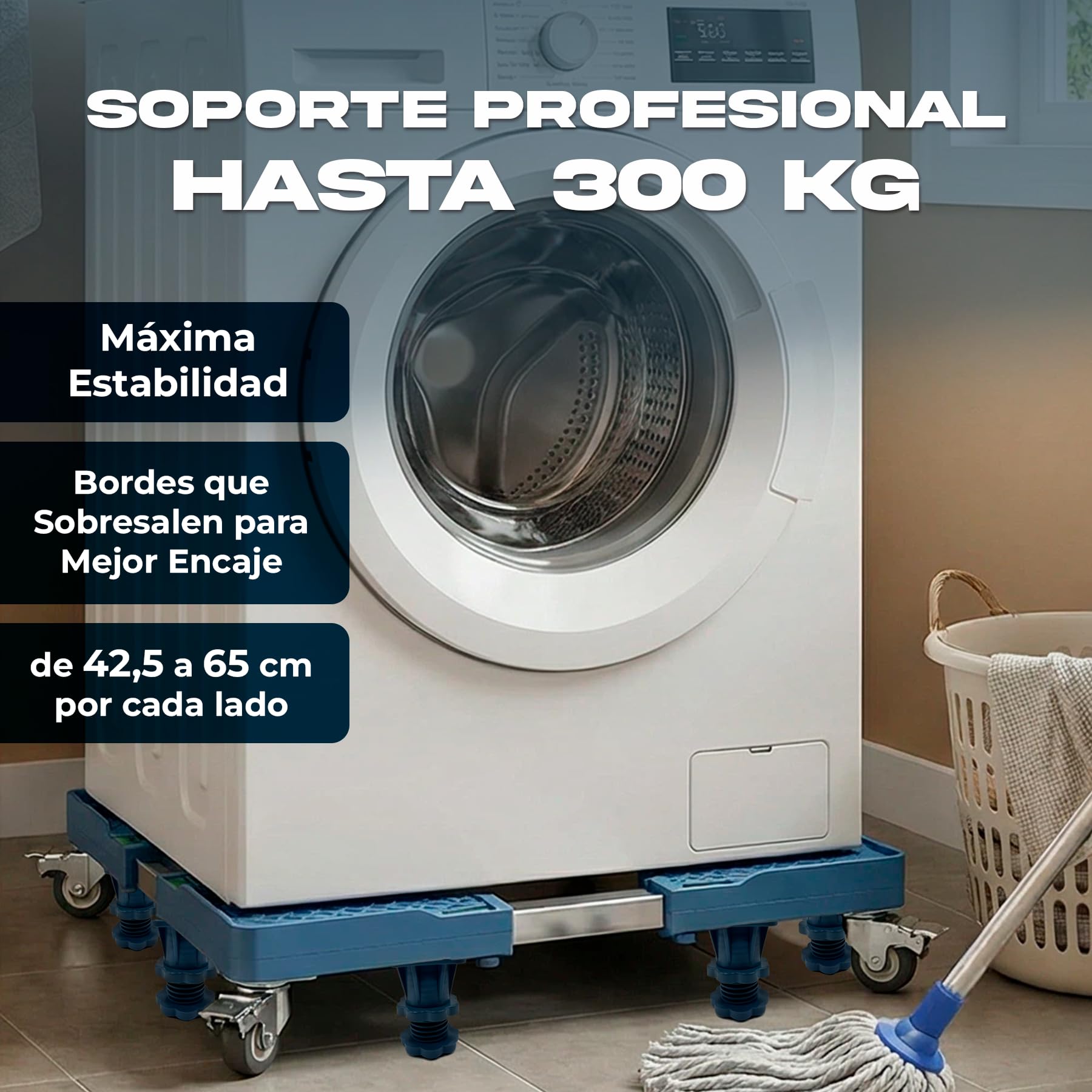 Base Regulable Carro para Lavadora con Ruedas Cia&Co – Soporte Ajustable 42,5–65 cm – Plataforma Móvil profesional hasta 300 kg – Para Frigorífico, Secadora y Electrodomésticos (BASE + 4 RUEDAS)