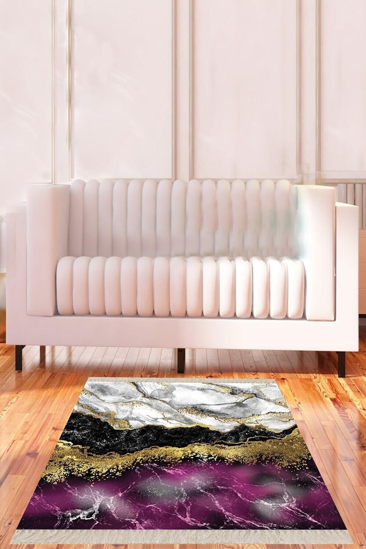 Pelangi Mermer Desenli Dijital Baskı Yıkanabilir Kaymaz Taban Halı, Mor-Beyaz 120 x 160