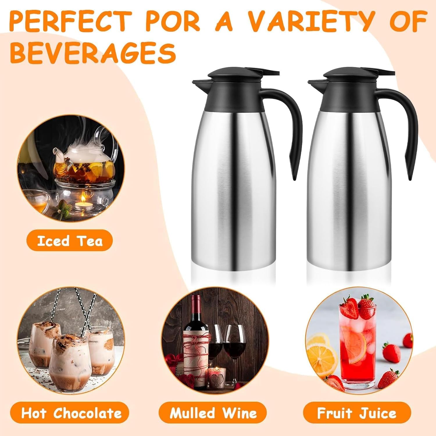 2 Pack 2L Thermal Coffee Carafe Jug, 68 OZ Silver Stainless Steel Insulated Tea Pot, Double Walled Vacuum Carafe Jug for Coffee Tea Hot Water Hot Beverage (12+ Hrs Heat & 24+ Hrs Cold Retention)