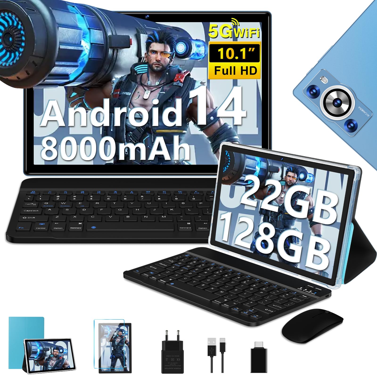 ZIOVO Tablet Android 14, 10 Pulgadas, 22GB RAM + 128GB ROM (1TB TF), Widevine L1 | 8000 mAh | Octa-Core | 2.0 GHz | 5G WiFi | BT 5.0 | 5 +8 MP, Tablet con Teclado y Ratón - Azul