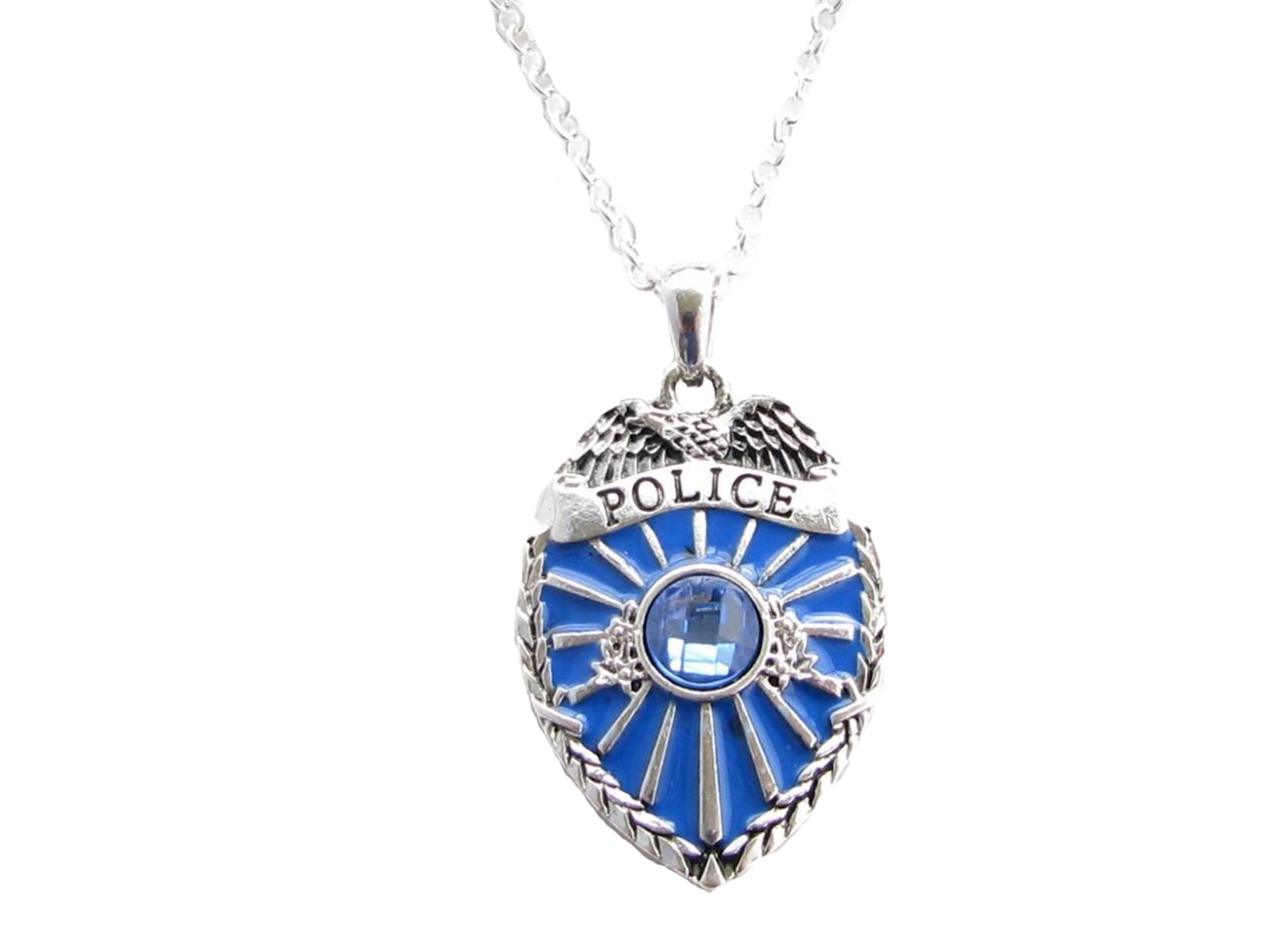 Sports Accessory Store Police Badge Policeman Blue Crystal & Enamel Silver Chain Fashion Necklace