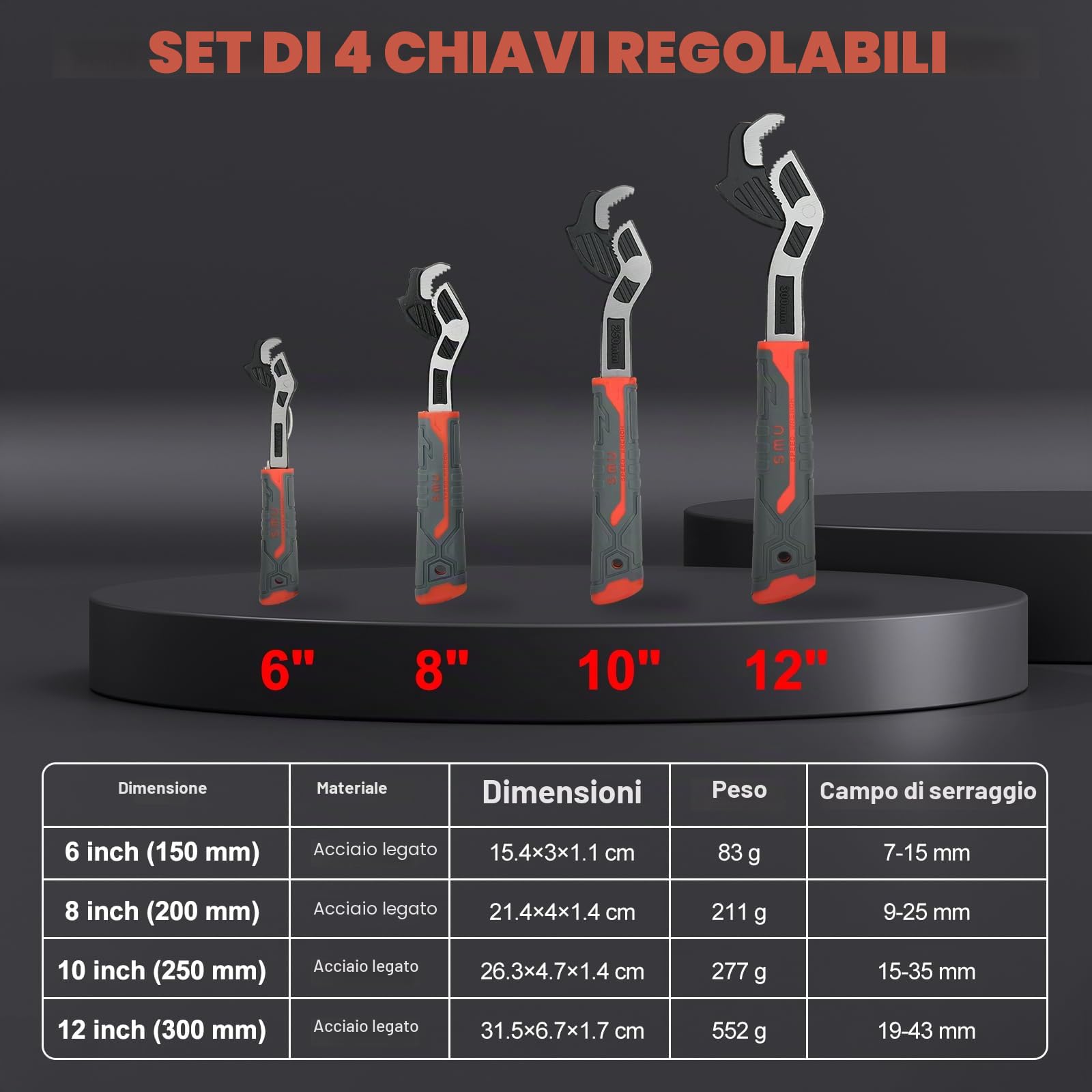 Chiave Inglese Regolabili 4 Pezzi, Chiavi Idrauliche Autobloccanti, Set di Chiavi Inglesi Universali per Tubi, Incluse 300, 250, 200, 150mm