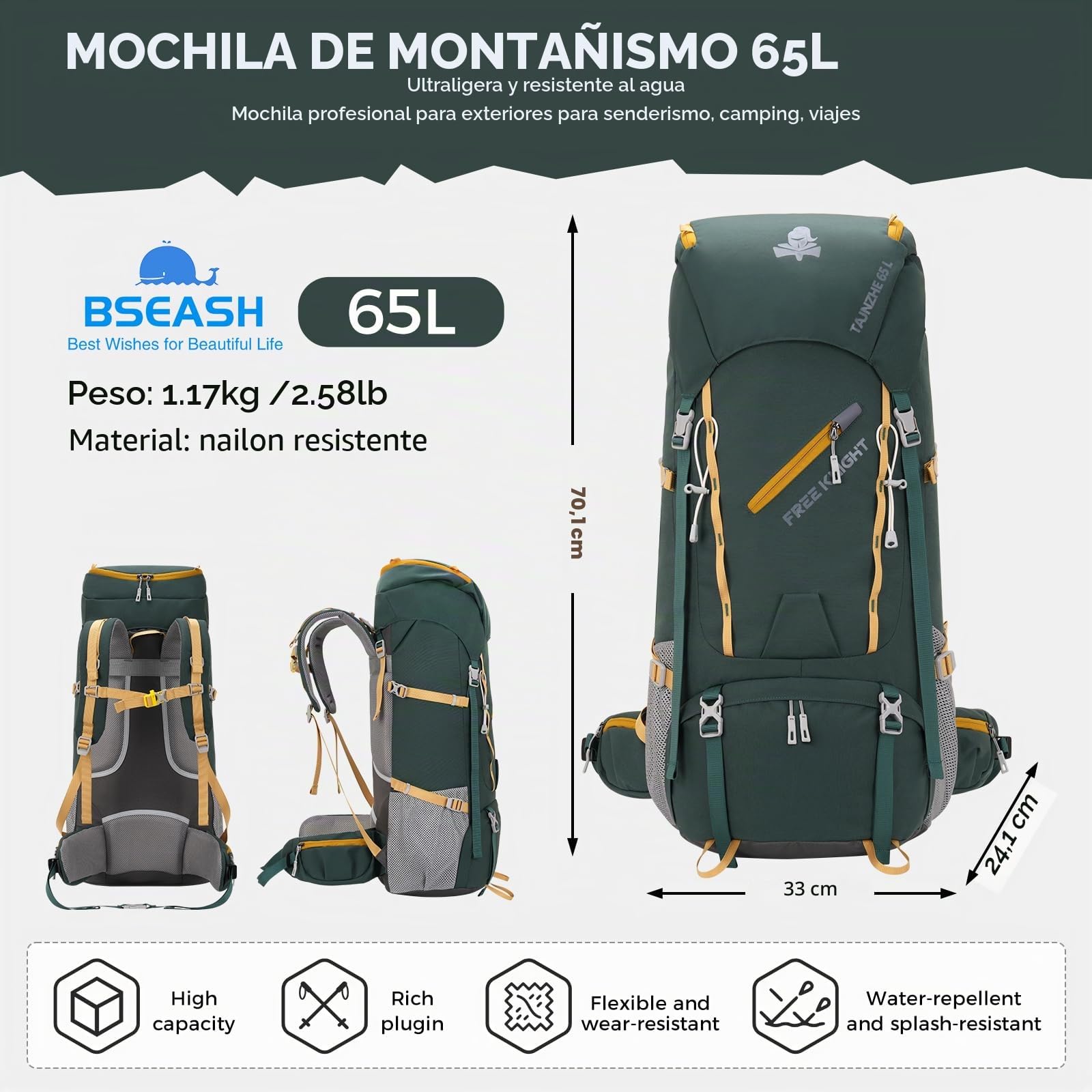 Bseash Mochila impermeable de 65 L para senderismo, camping, con cubierta para lluvia, deportes al aire libre, viajes, para escalada y turismo