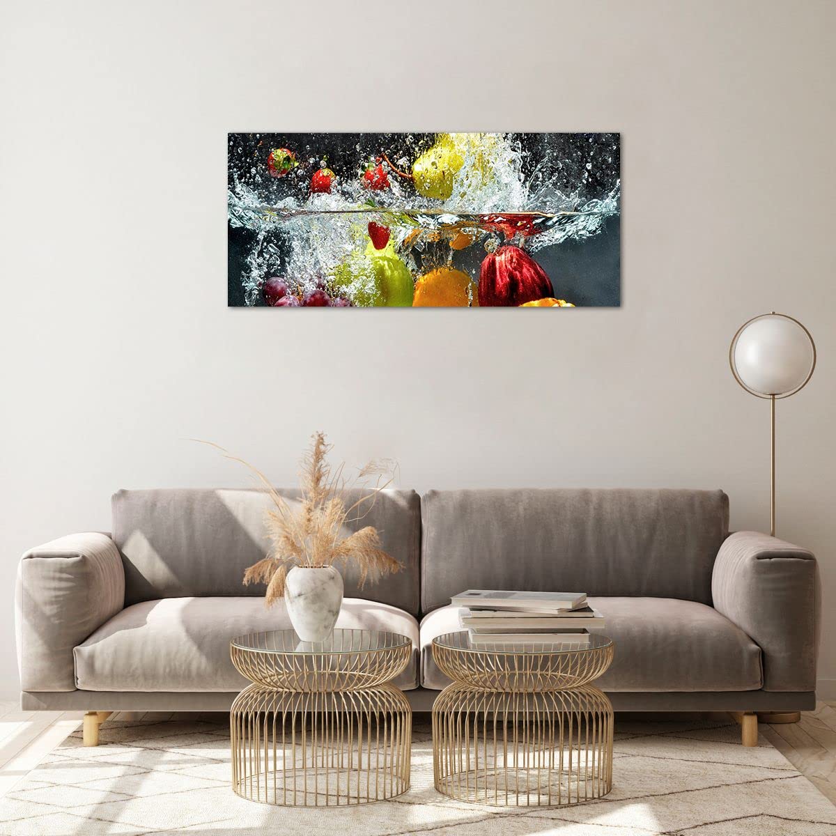 Moderne Impression sur Verre 100x40cm Image Tableau en Verre Decoration Murale Fruits eau éclaboussures nourriture Grand Tableaux Decoratifs Muraux Chambre Panoramique Deco Salon Art GAB100x40-2972