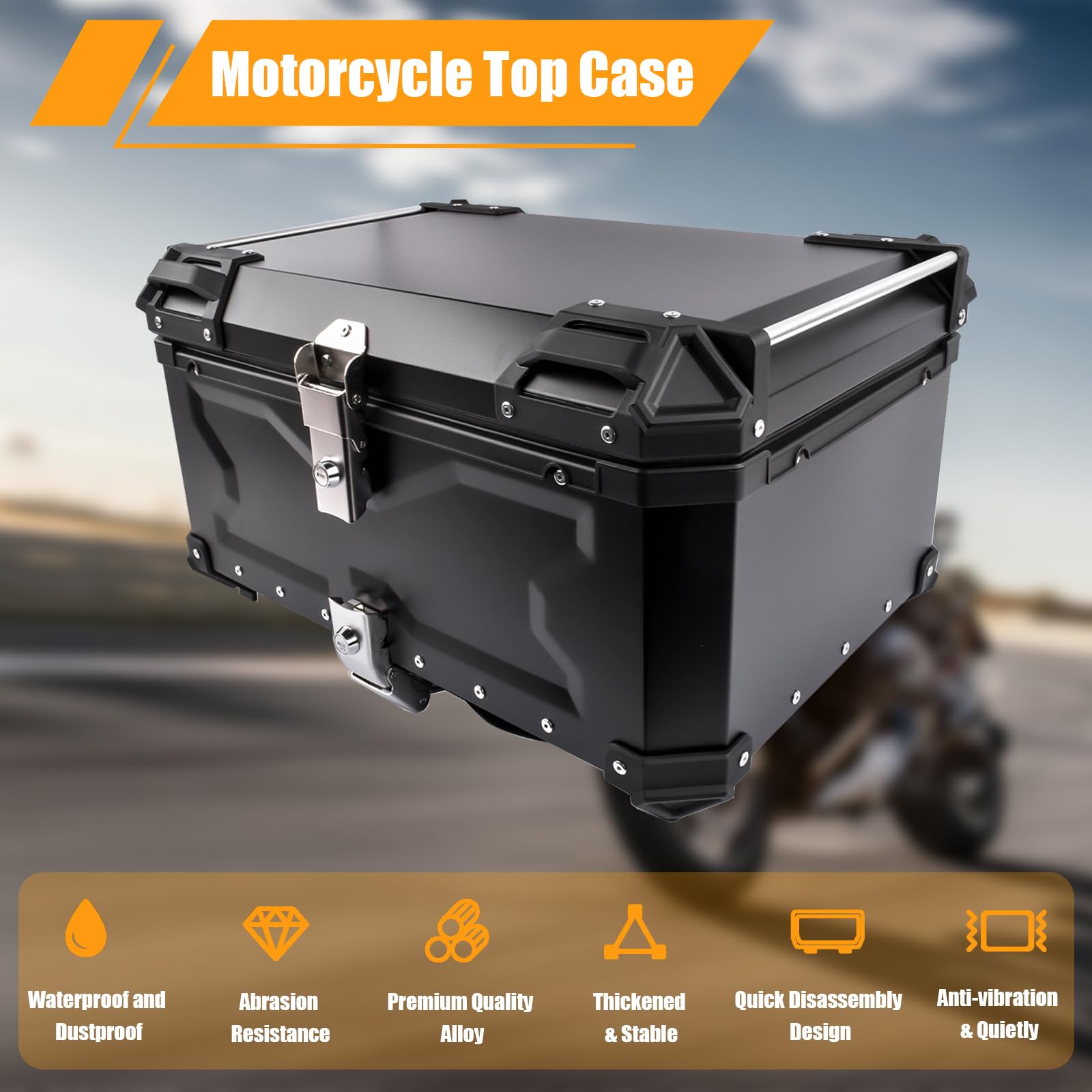 65L Top Case Moto, Coffre De Rangement Moto en Aluminium Topcase avec Serrure De Sécurité pour Rangement Casques, Aluminium Top Case Plupart des Motoes et Maxi Scooters (Noir)
