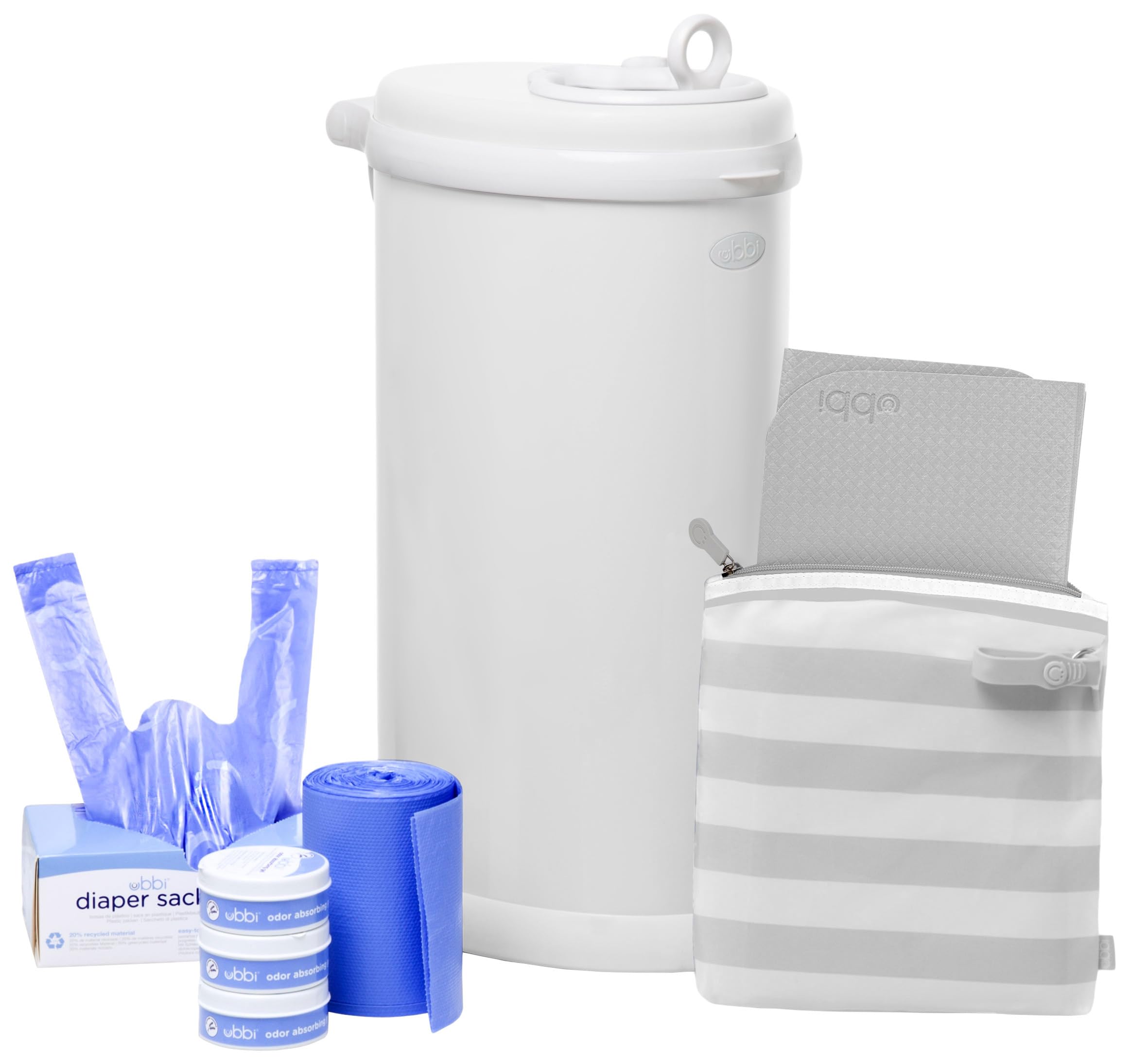 Ubbi Nappy Changing Value Gift Set, Baby Registry Gift, Includes Matte White Nappy Pail, Absorbing Gels, Travel Changing Mat & Bag, Nappy Pail Waste Bags and On-the-Go Waste Sacks