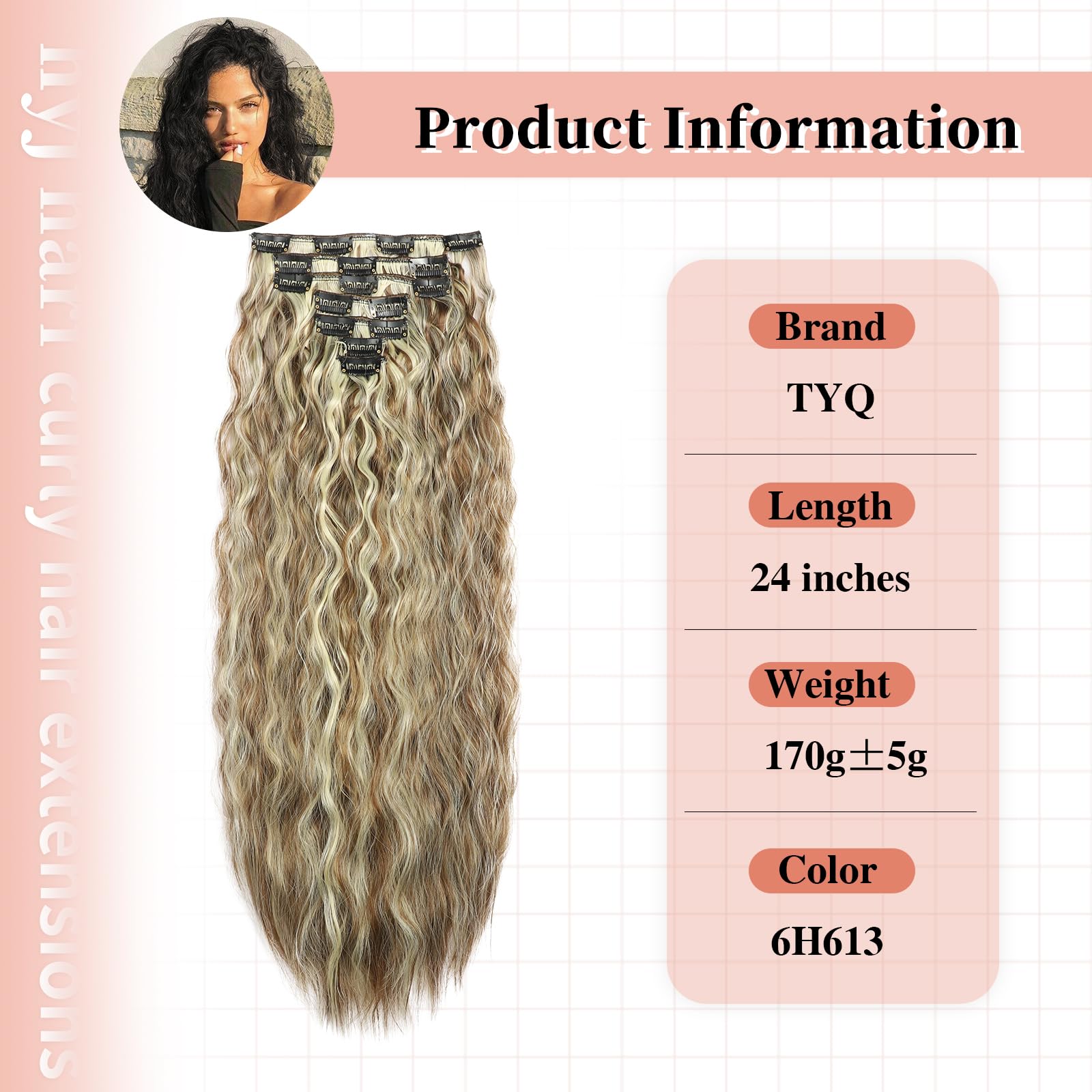 Curly Clip In Hair Extension 7PCS Natural Thick Deep Wave Hair Extension Clips Synthetic Long 24 inch hair extensions clip in Hairpiece (6H613#(Pack of 7))