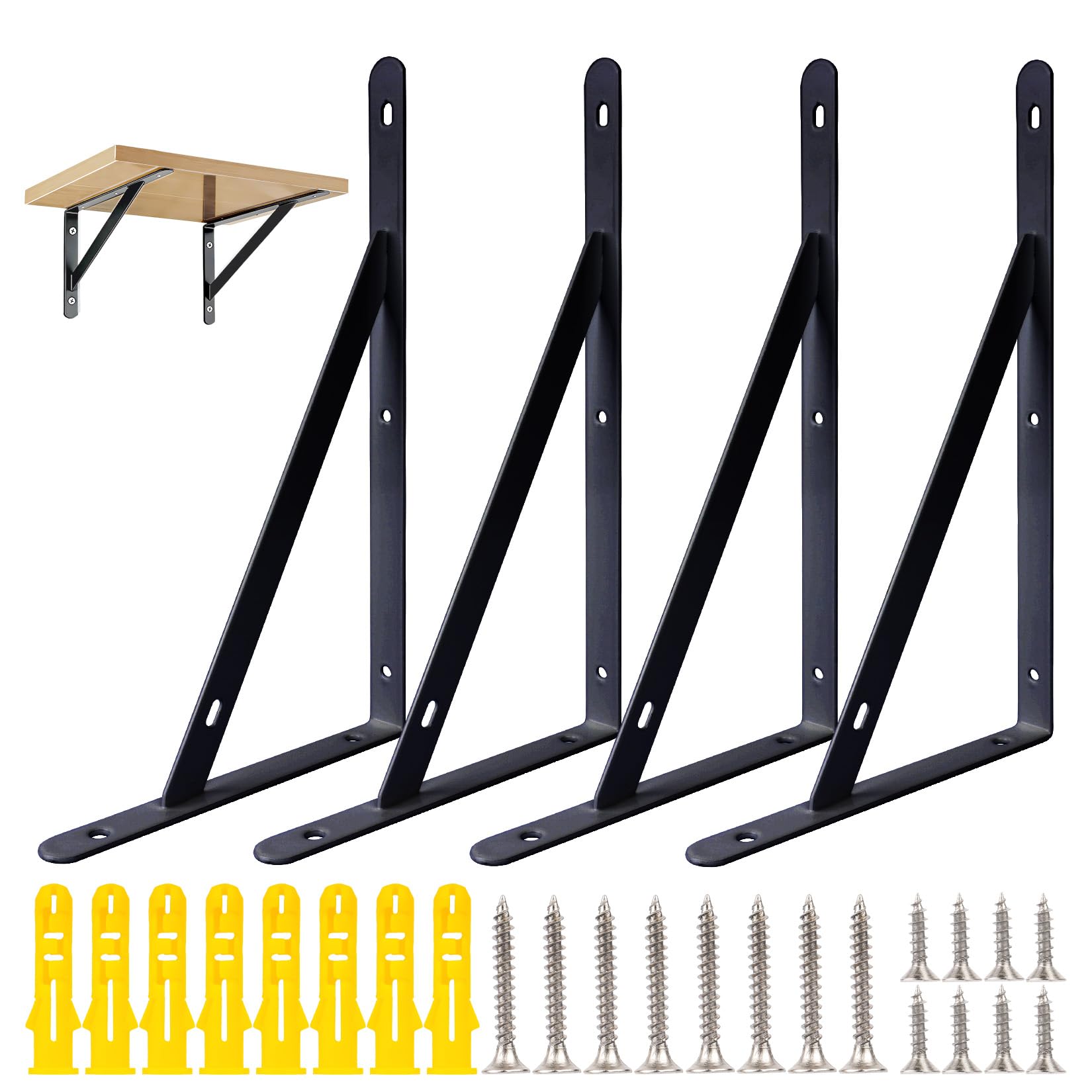 4 Pz Staffe per Mensole Nero, Reggimensola Carichi Pesanti, Reggi Mensola da Muro, Reggimensole da Muro Triangolari, Reggi Mensole da Muros Cucina Garage Bagno Pannello in Legno(25 x 15,5 x 1,6cm)