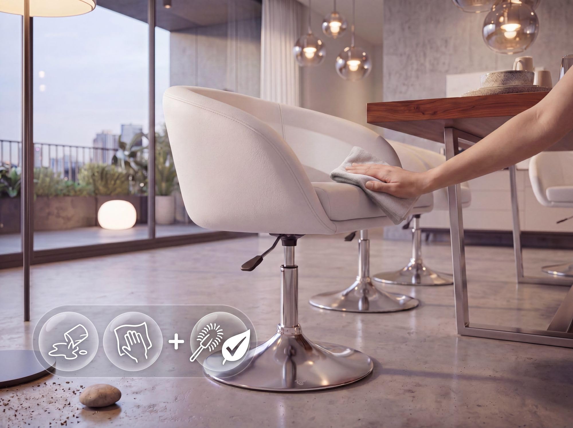 FineBuy Silla Giratoria Cuero sintético Blanco Moderna con reposabrazos | Silla de Cocina sin Ruedas | Silla de Comedor Tapizada con Respaldo | Sillón de salón con pie de trompeta, imitación de piel, hasta 120 kg, soporte seguro, acolchado cómodo