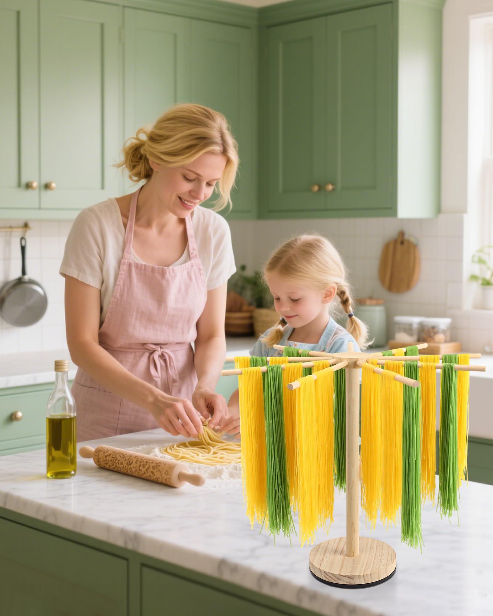 Séchoir à pâtes, en bois, avec 9 bras amovibles et socle rotatif, pour macaronis, pâtes, serviettes