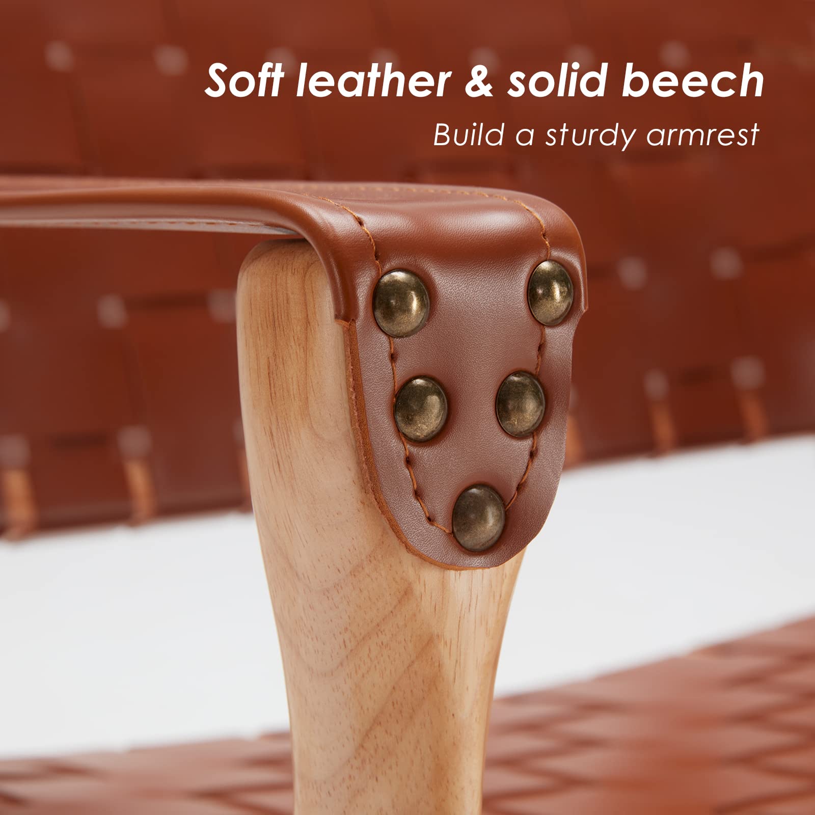 Scandinavian Cognac Woven Leather Chair, Boho All Wood Oak Living Room Chairs Side Modern Accent Chairs for Bedroom Balcony Sunroom Chase Lounger Brown Faux Leather Accent Leather Accent Chair Natural