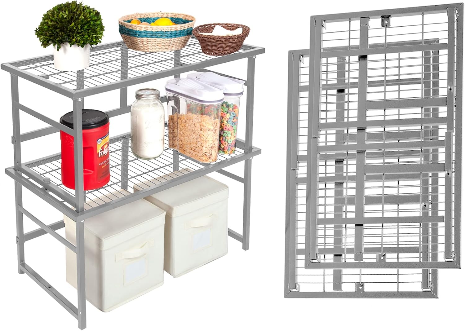 Origami R1 Stackable Storage Shelf, Collapsible/Foldable Steel Stackable Shelves Holds up to 150 Pounds (Per Rack), Modular Heavy Duty Garage Storage & Organization (2-Pack) (Pewter, R1)