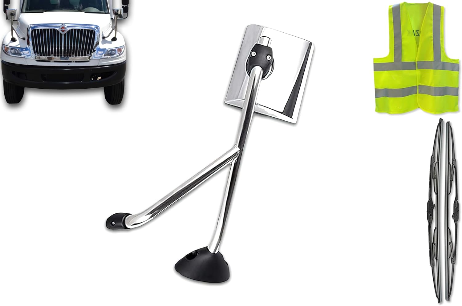 KOZAK Towing Hood Mirror Chrome Left Driver Side Compatible with International Durastar Semi Trucks. PLUS Logo, 2x 22" Wipers and KOZAK Vest