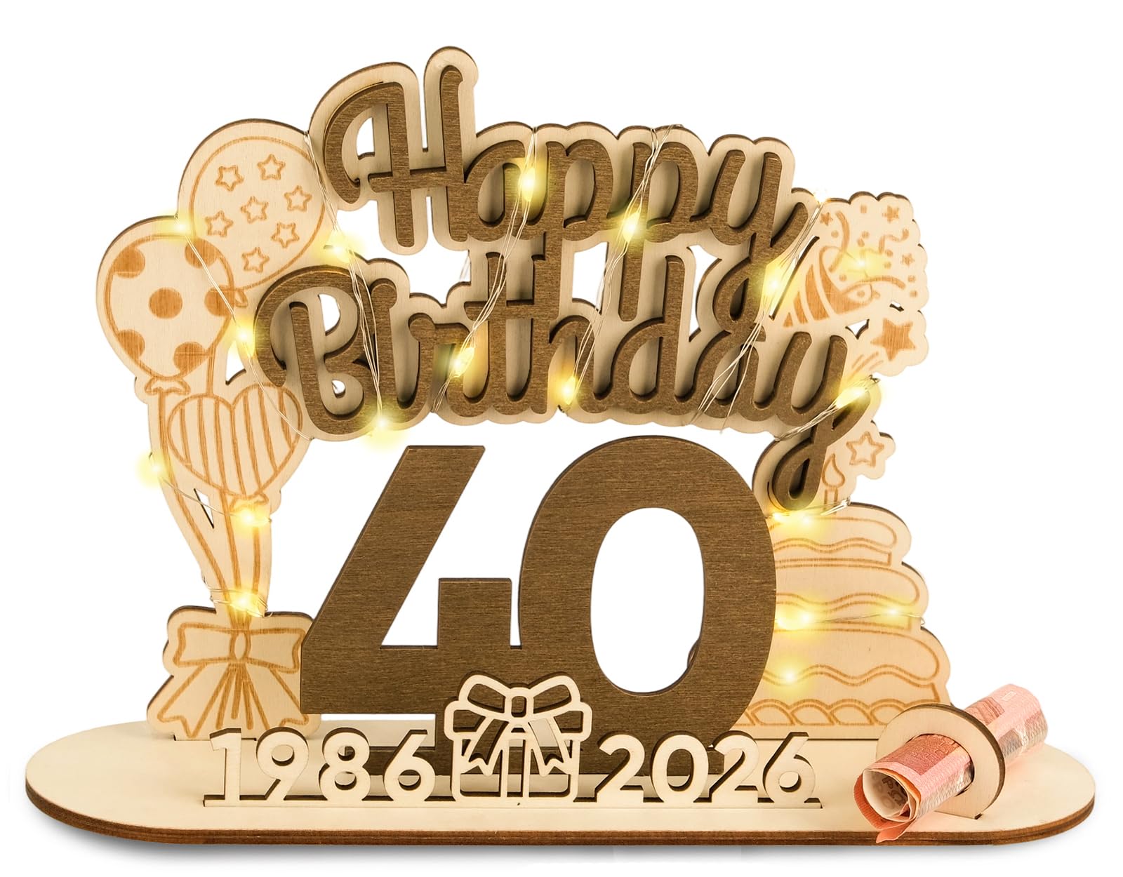 ARTREE Originelle 2026 Geburtstag 40 Geschenk Frau Mann 1986-2026, 40 Geldgeschenke Geburtstag, Holz-Schild Gästebuch mit LED Lichterkette - 40. Geburtstag Frauen & Männer Geschenk Geburtstag Deko