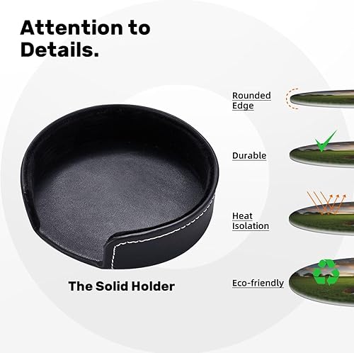 Miniatura 6 de Posavasos con diseño de mármol negro para bebidas, posavasos redondos de piel sintética con soporte, 6 unidades, resistentes al calor, decoración