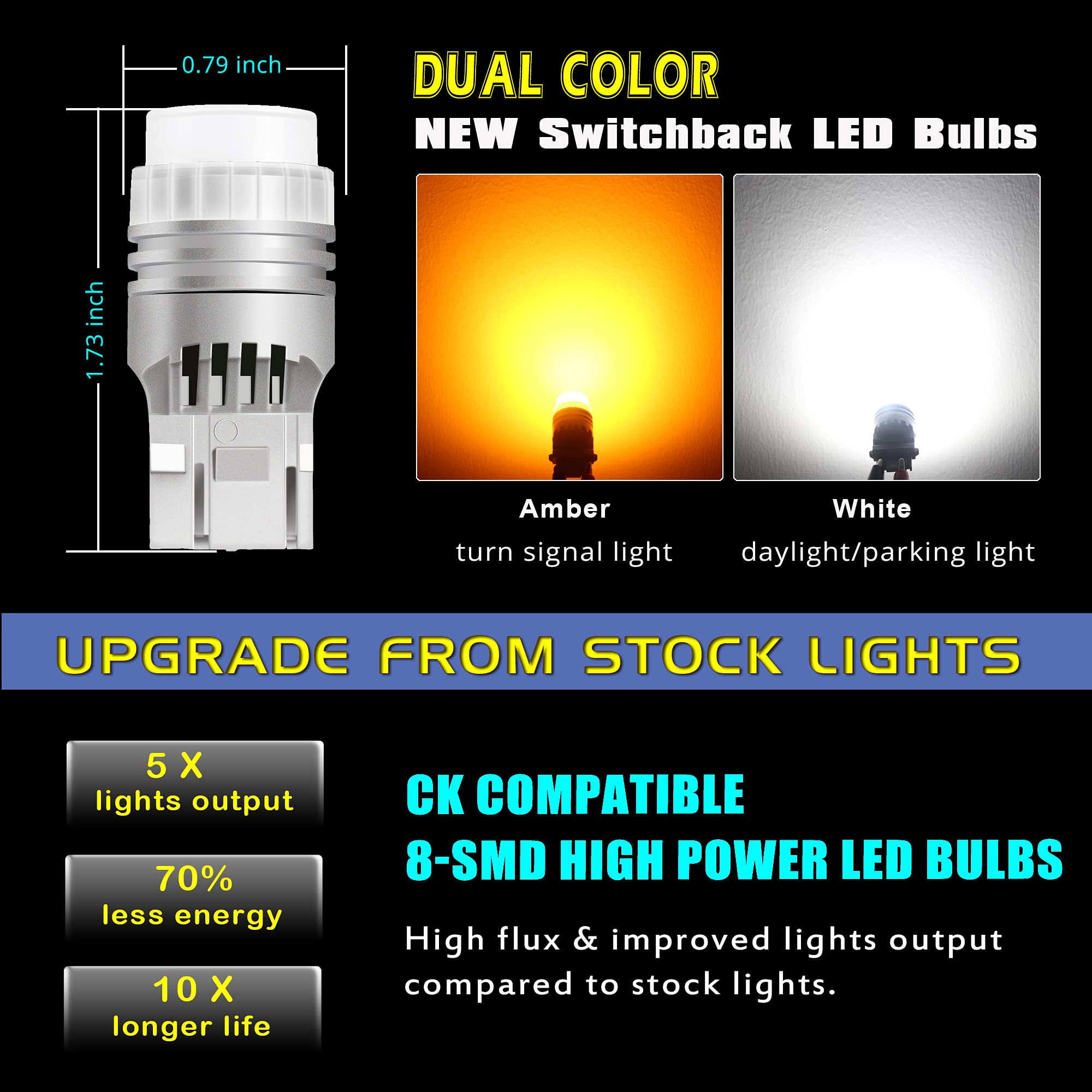 Car-EyeQ T20 7444NA 7443 LED Switchback Bulbs Dual Color Amber Yellow/6000K White Turn Signal Lights 7444 7442NA 7444NAK 7443NA Super Bright SMD Upgrade