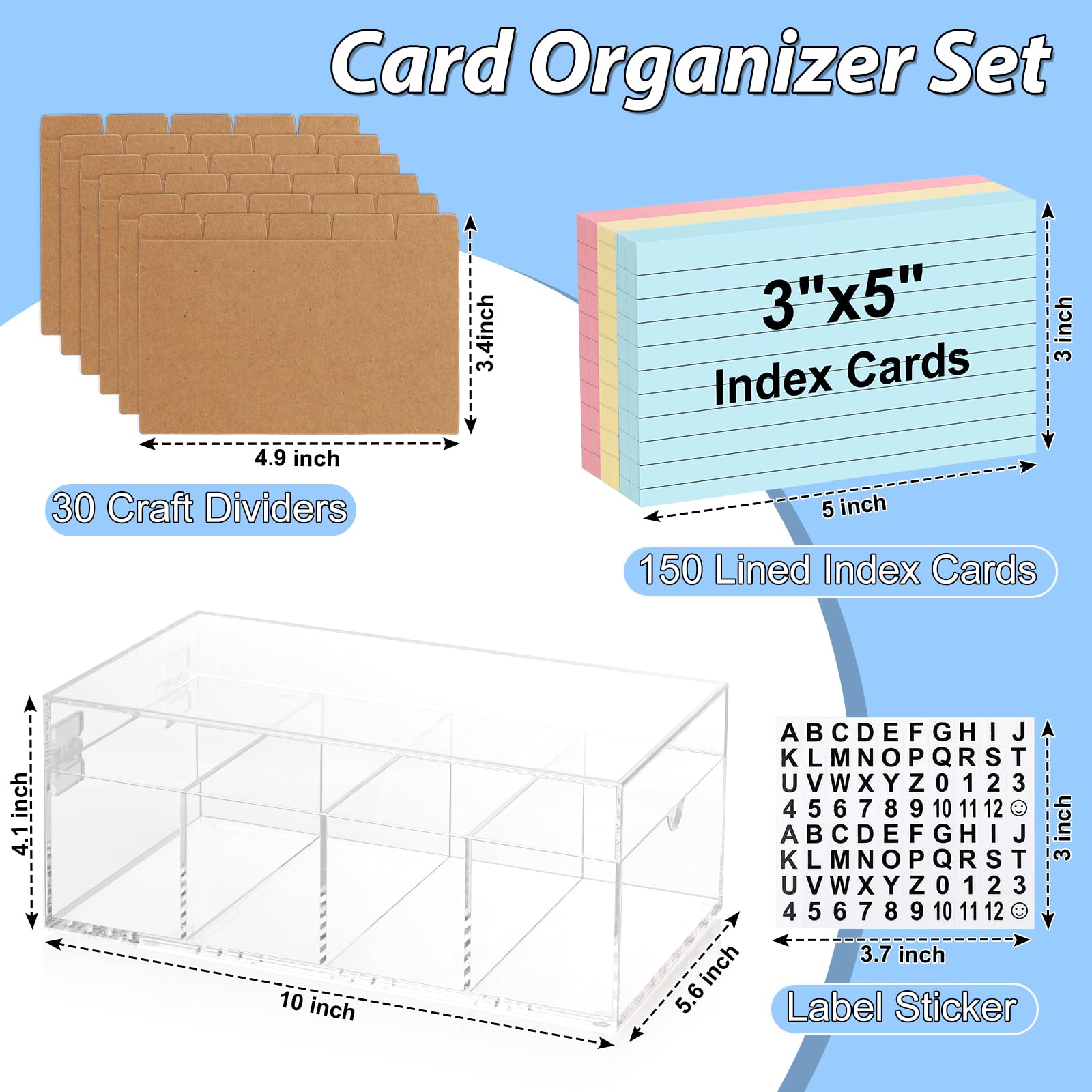 3 x 12,7 cm in acrilico trasparente indice scatola porta schede note organizzatore con 150 schede a righe a righe 30 divisori in carta kraft adesivi A-Z 4 divisori per contenere 600 carte, note,
