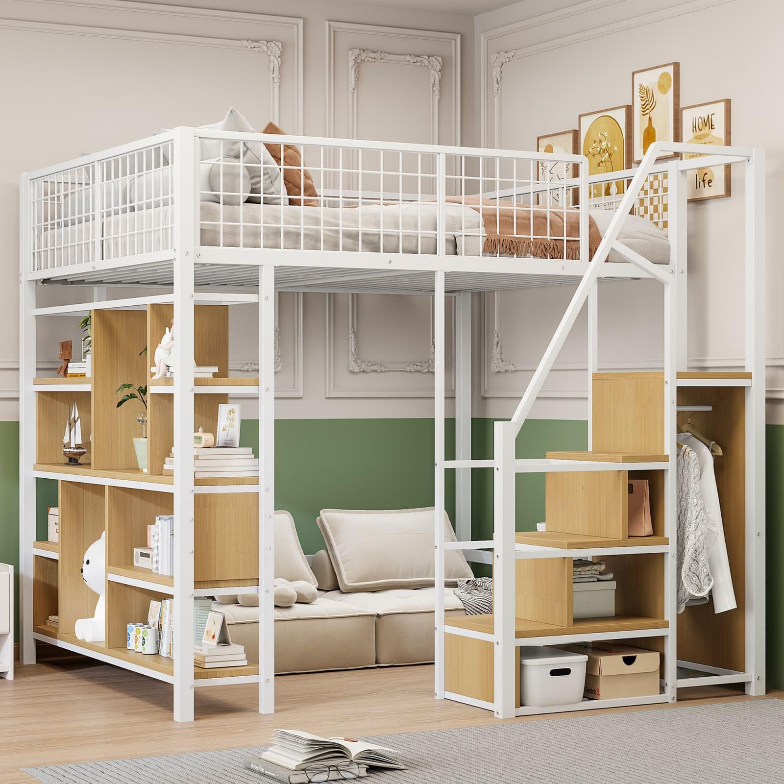 KOMHTOM Lit Mezzanine Multifonctionnel, Lit Métallique avec étagère intégrée, Escalier avec Rampes et Petite Armoire, Cadre de lit(sans Matelas) (Blanc, 140 x 200cm)